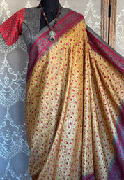 Pure Tussar Silk Kantha Stitch -  Yellow Red Grey