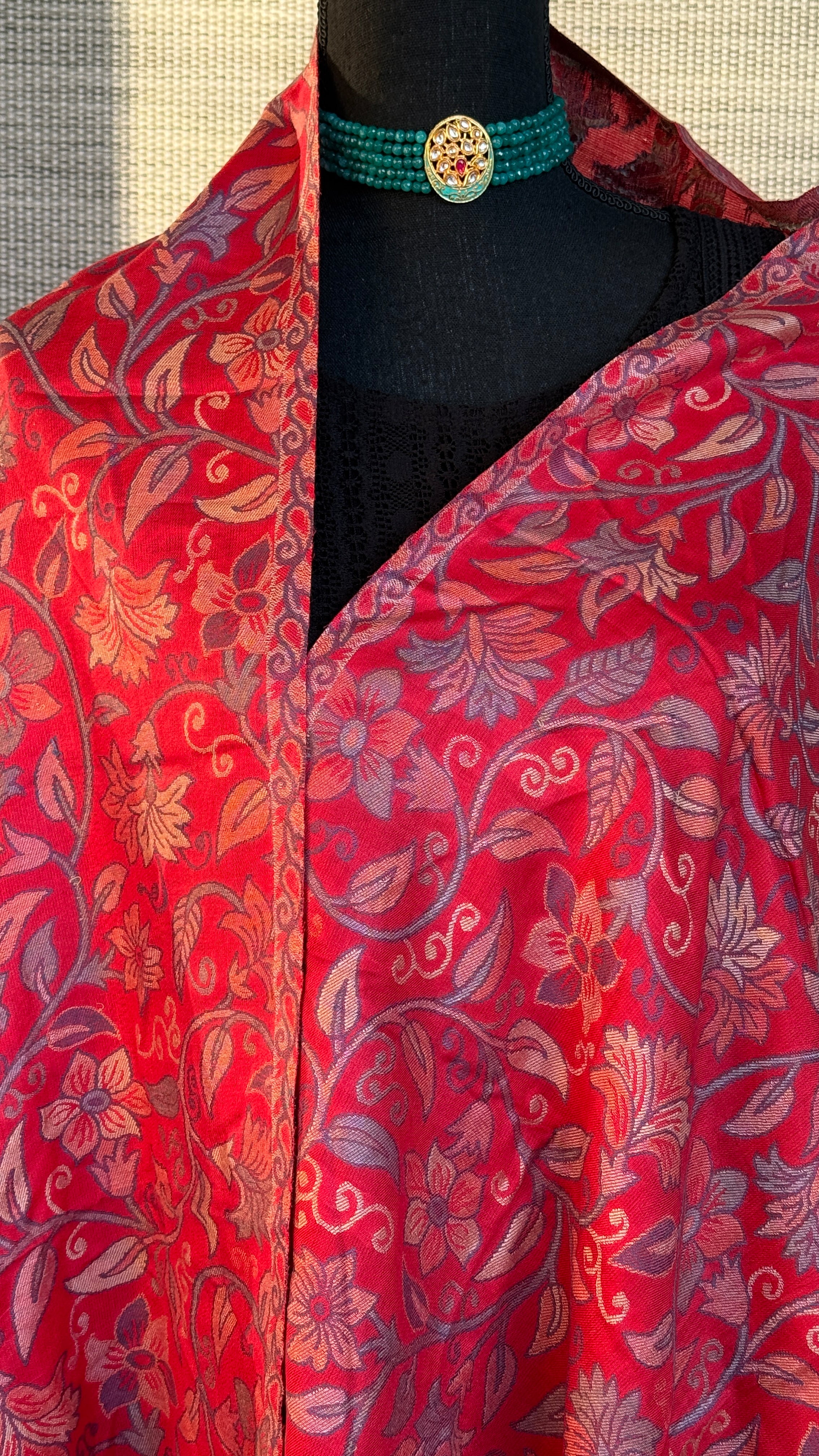 Kashmiri Semi Pashmina Stole - Red Multi 1 Resham Woven