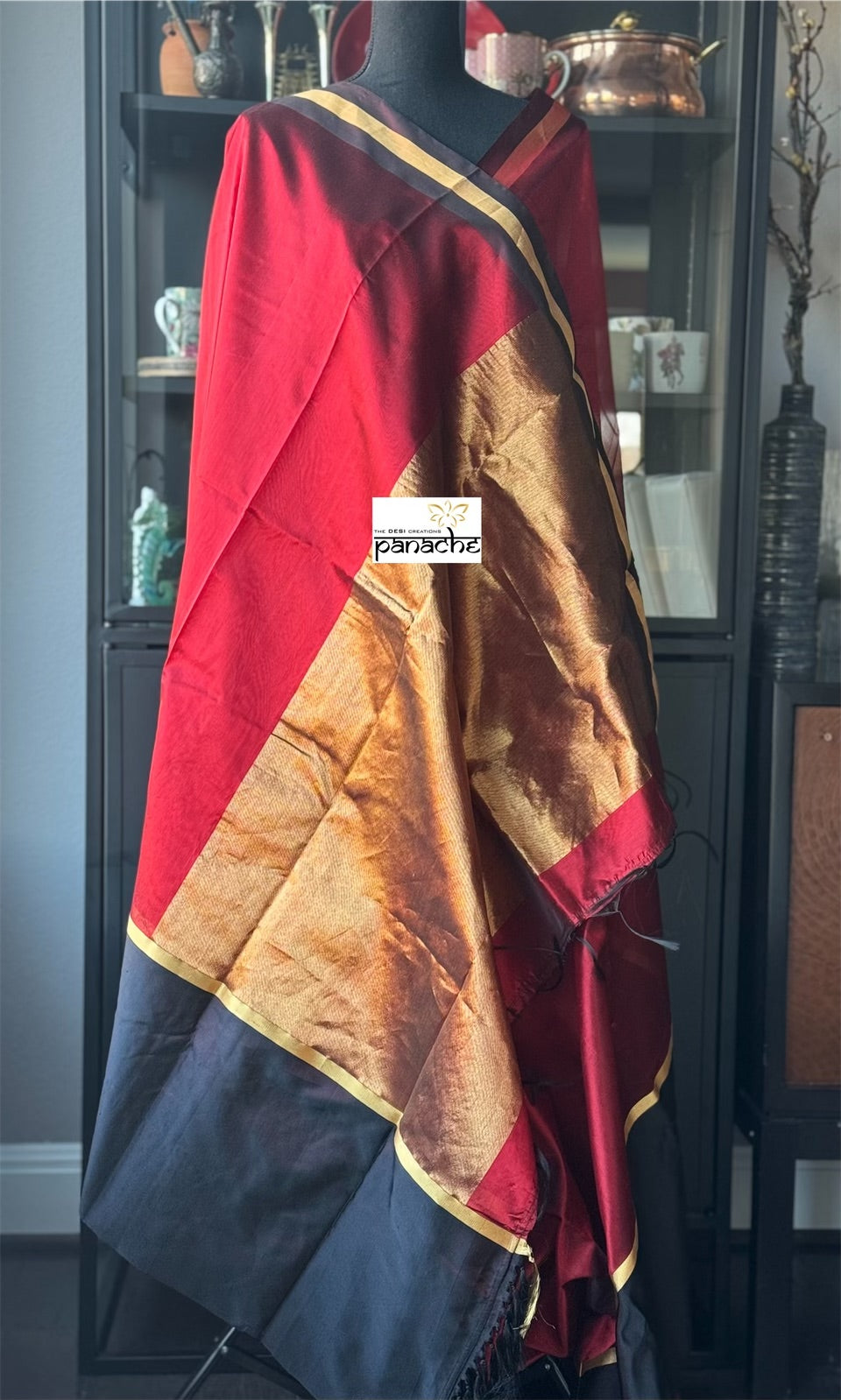 Pure Chanderi Pattu Mashru Silk - Red Black Gold Zari Striped woven