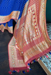 Khaddi Georgette Banarasi - Blue Peach Orange Hand Brush Painted