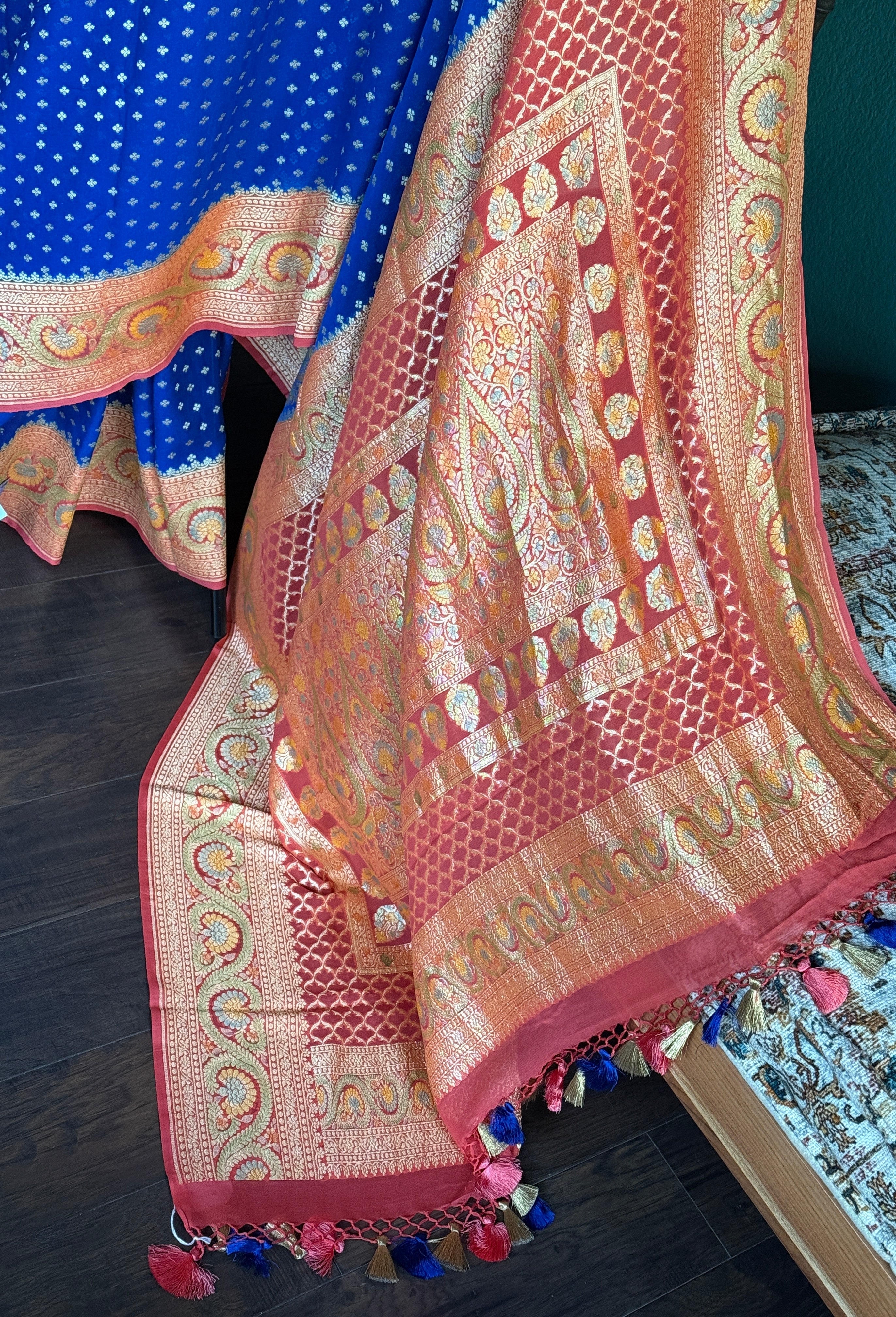 Khaddi Georgette Banarasi - Blue Peach Orange Hand Brush Painted
