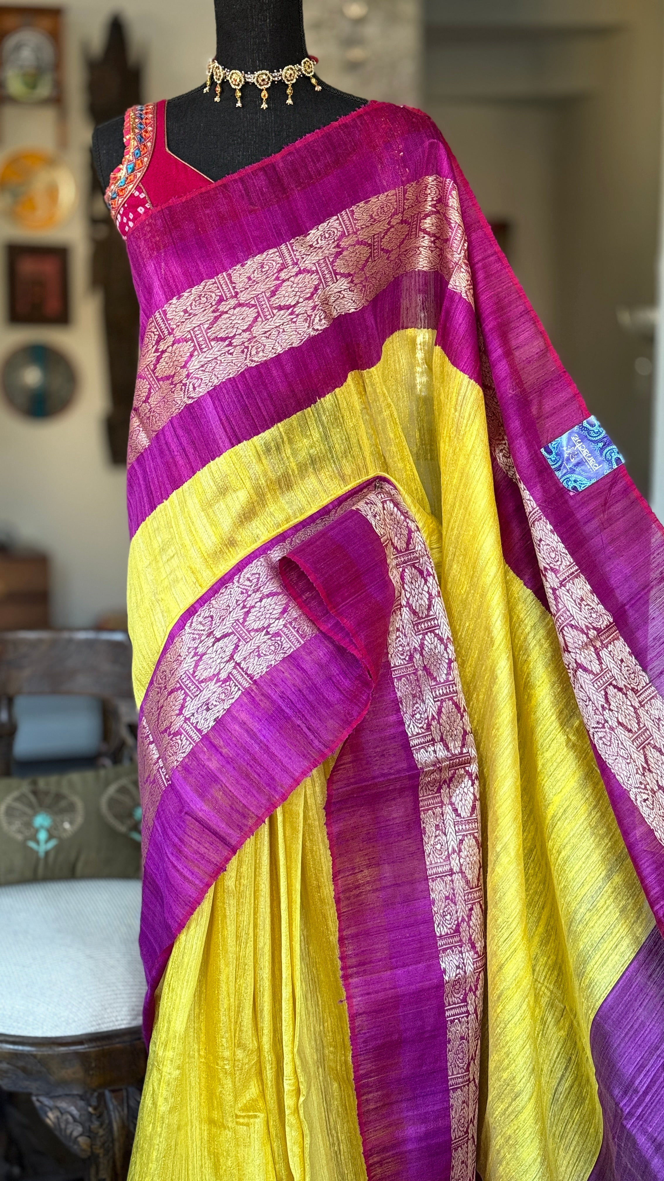 Pure Matka Silk Jamdaani - Yellow Purple Woven