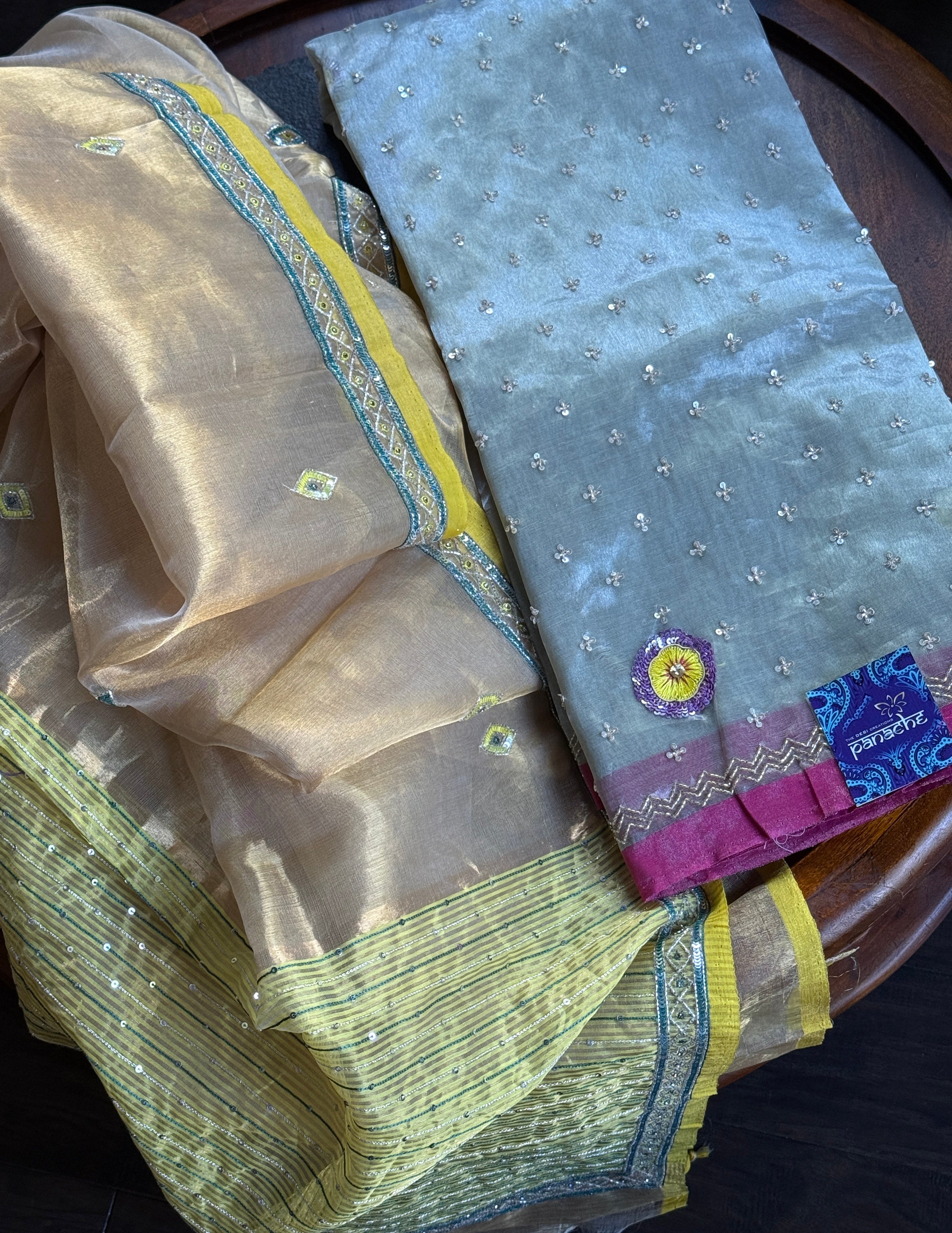 Hand Zardozi Pure Chanderi Tissue Silk - Silver Pink Woven