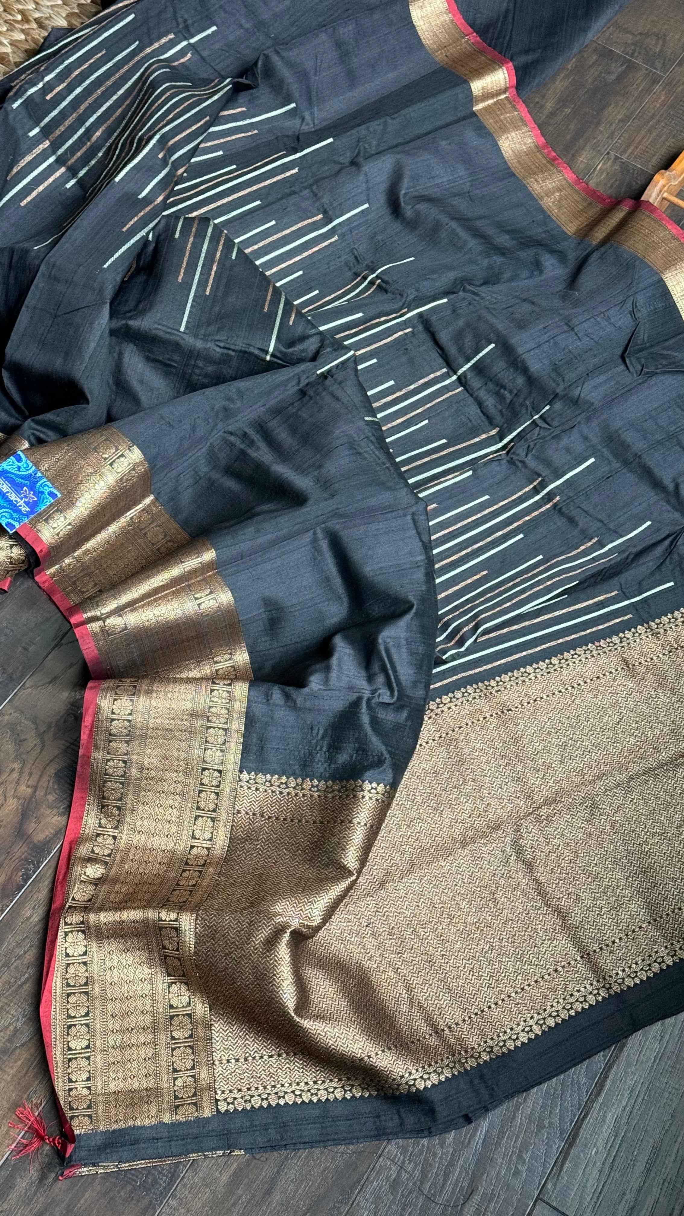 Pure Tussar Silk Banarasi - Black Antique Zari