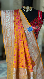 Pure Silk Mashru Silk Banarasi- Mustard Yellow Pink