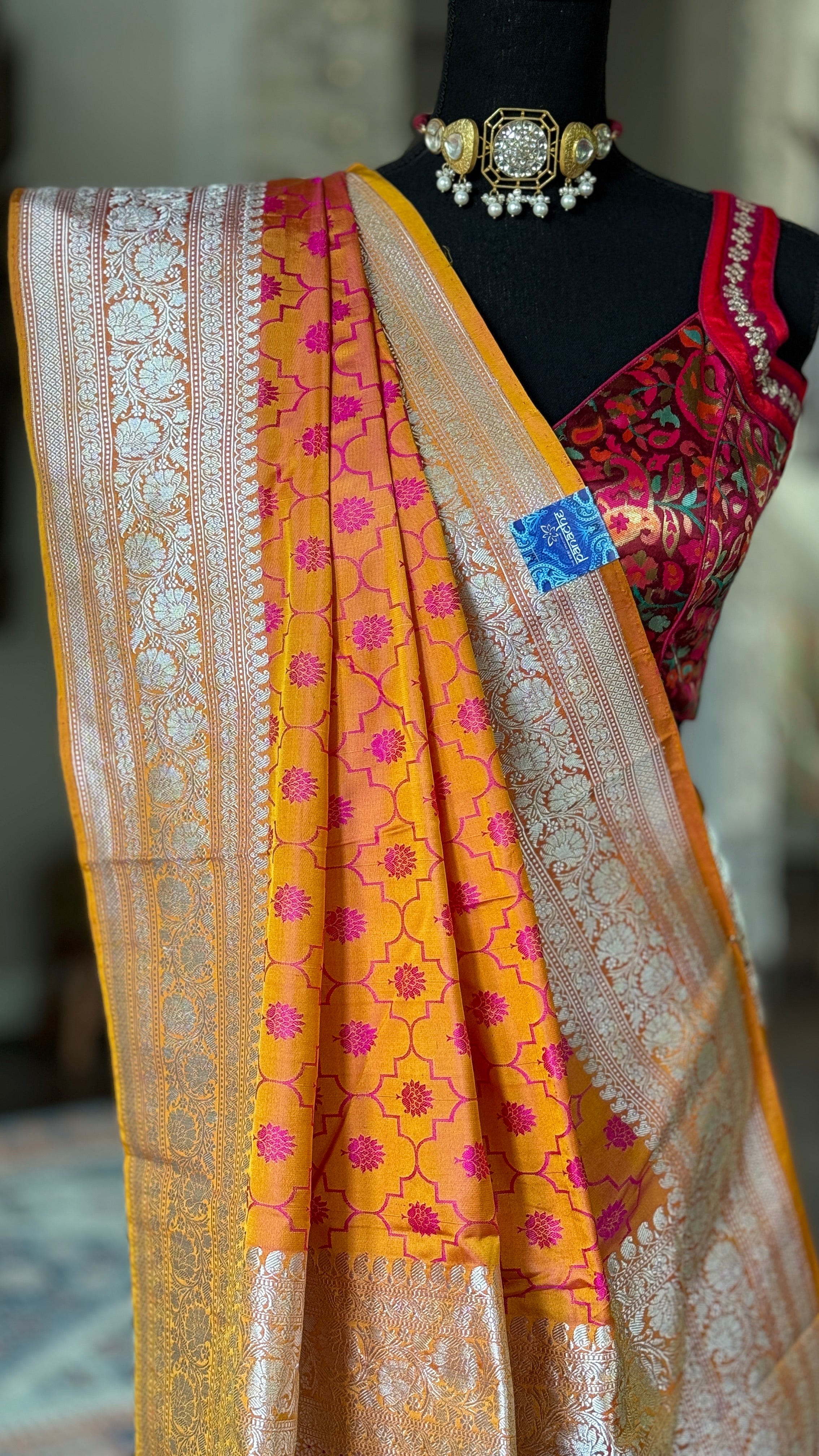 Pure Silk Mashru Silk Banarasi- Mustard Yellow Pink