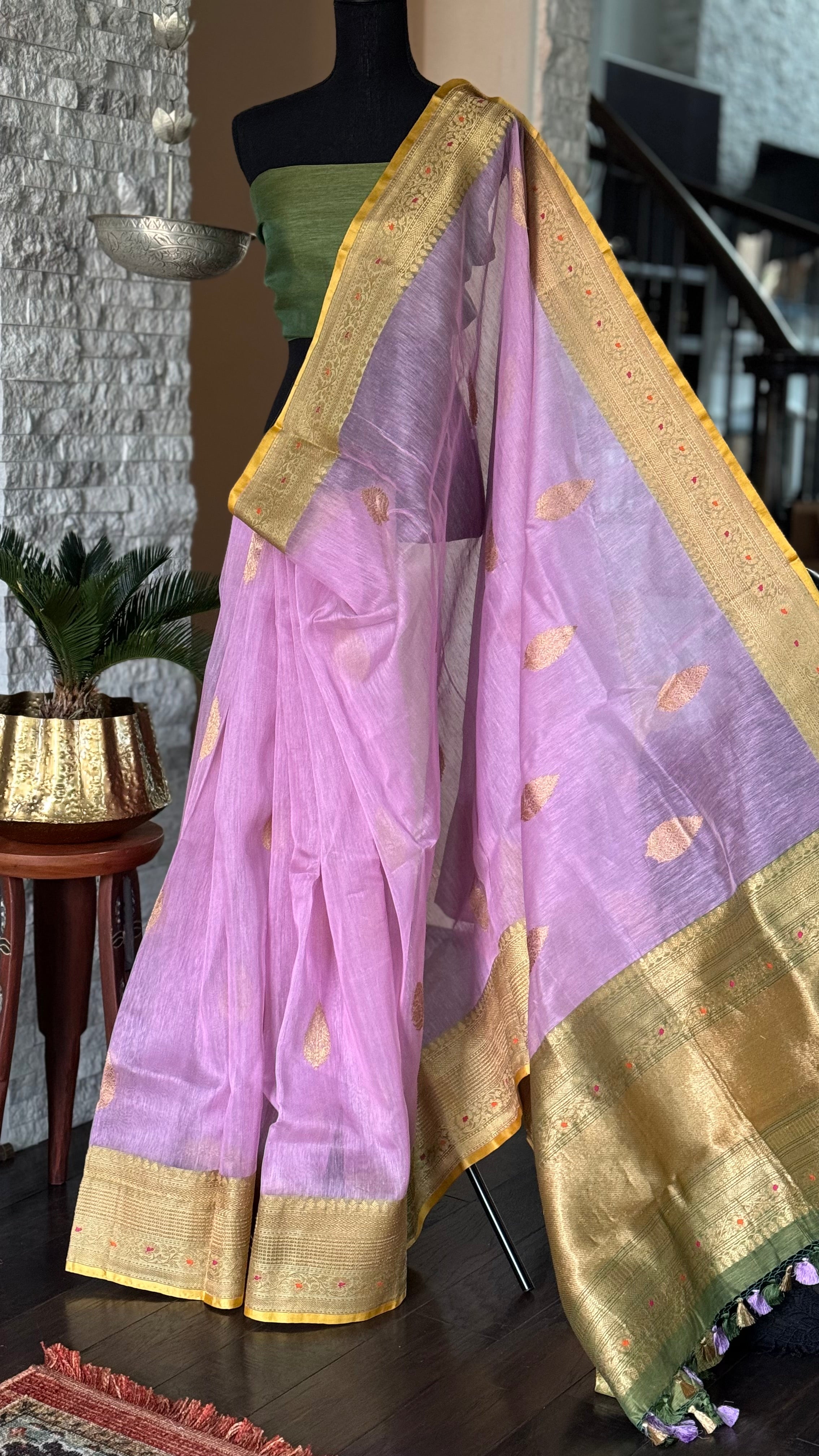 Linen Silk Banarasi - Lavender Green