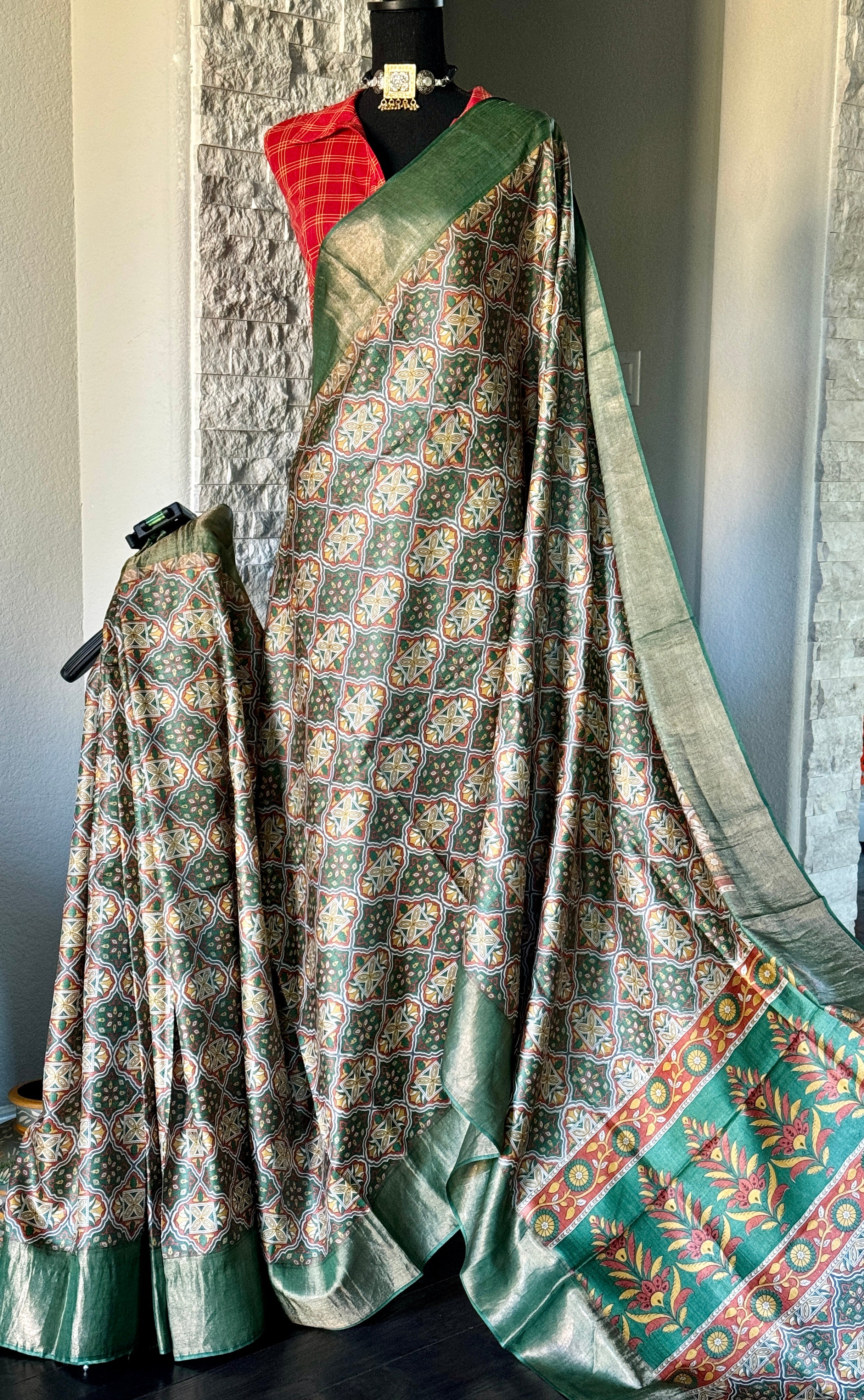 Pure Tussar Silk - Green Printed