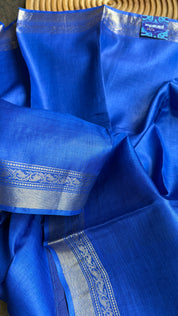 Handwoven Tussar Silk - Royal Blue Green Golden Zari