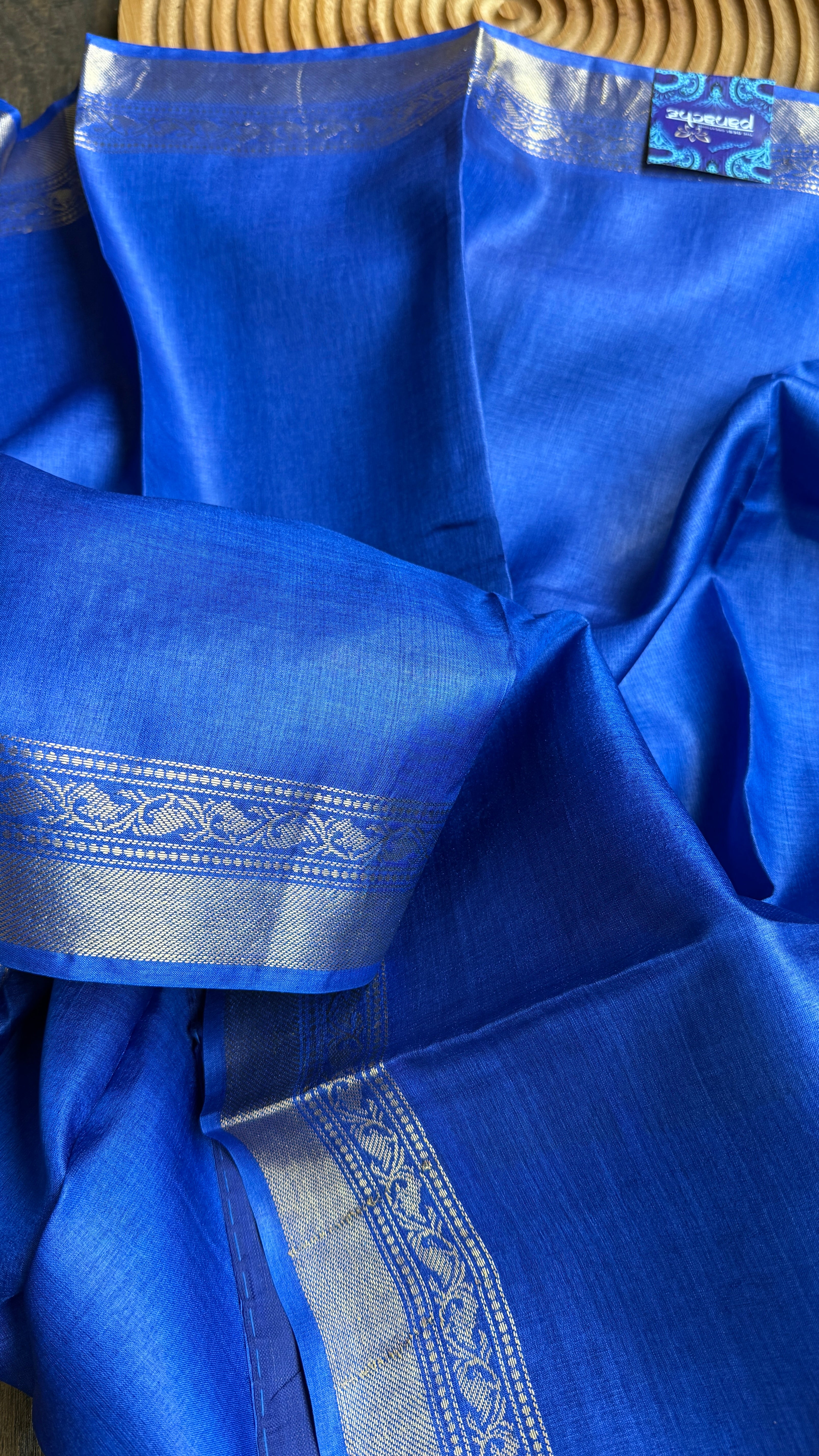 Handwoven Tussar Silk - Royal Blue Green Golden Zari