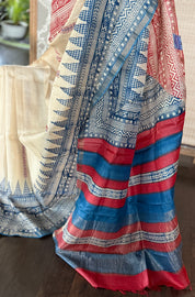 Printed Tussar Silk Kantha Stitch - Beige Blue Red