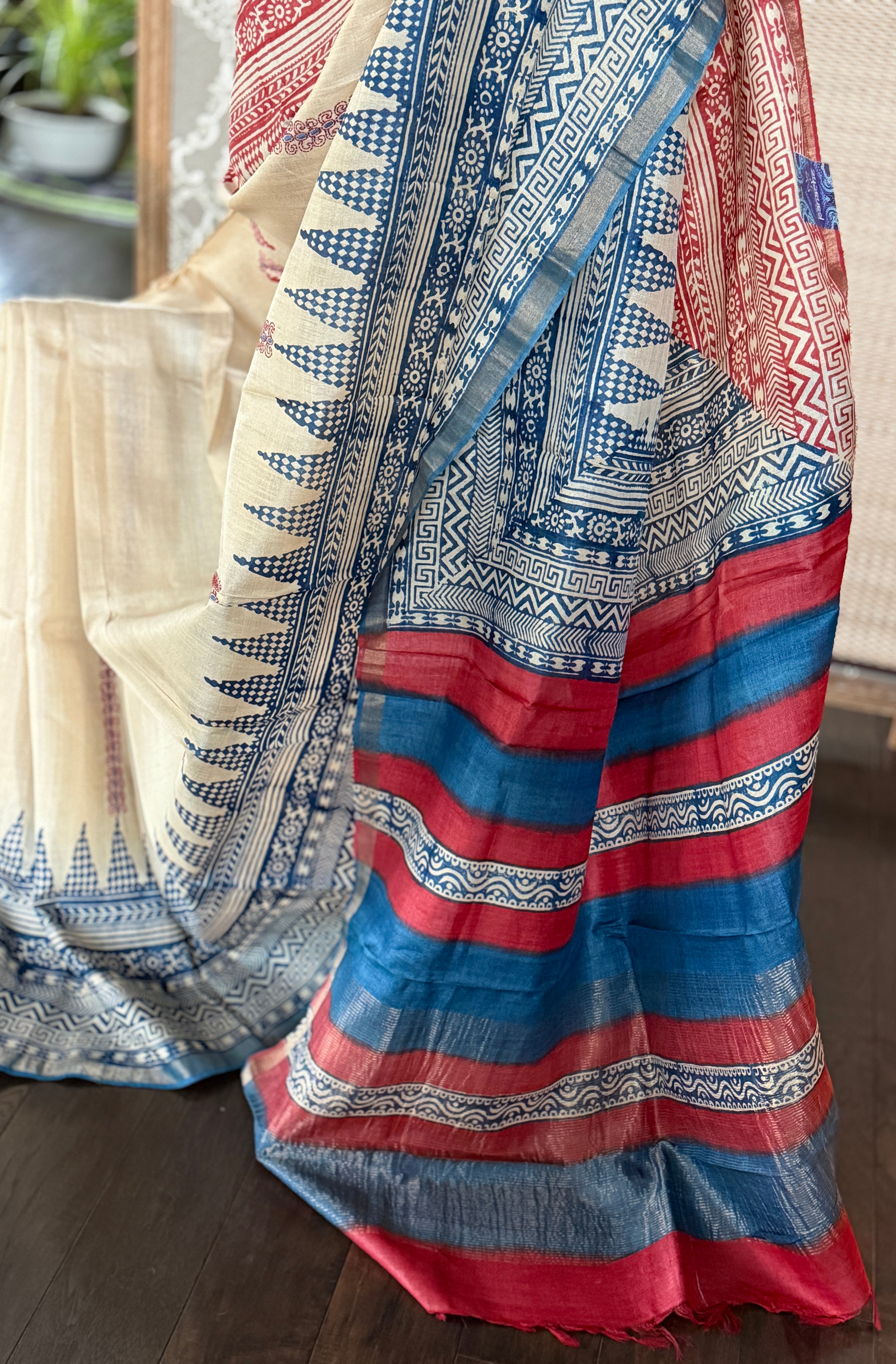 Printed Tussar Silk Kantha Stitch - Beige Blue Red