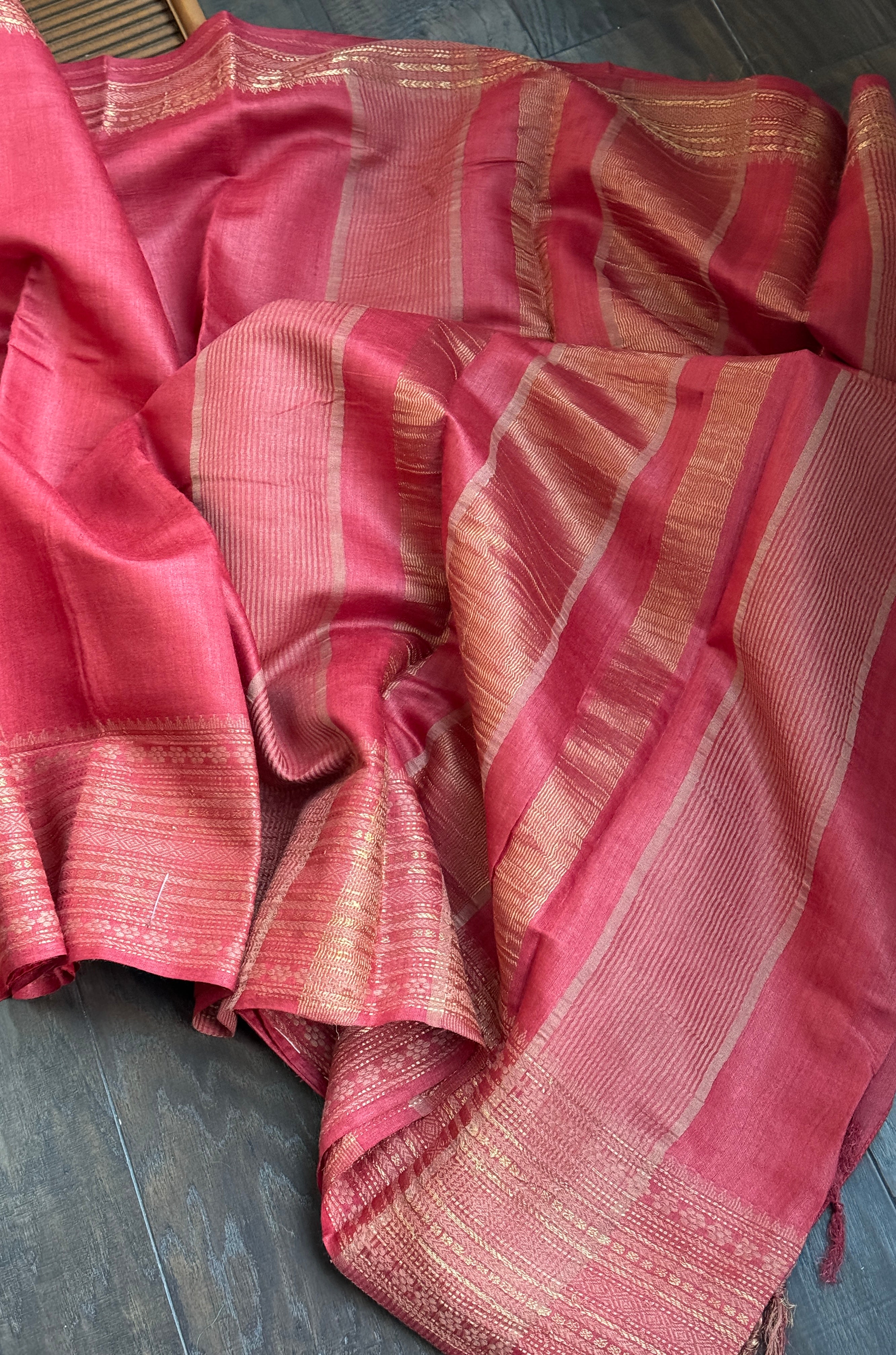 Handwoven Tussar Silk - Red Golden Zari