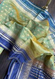 Organza Katan Silk Banarasi -  Pista Green Blue Kadwa