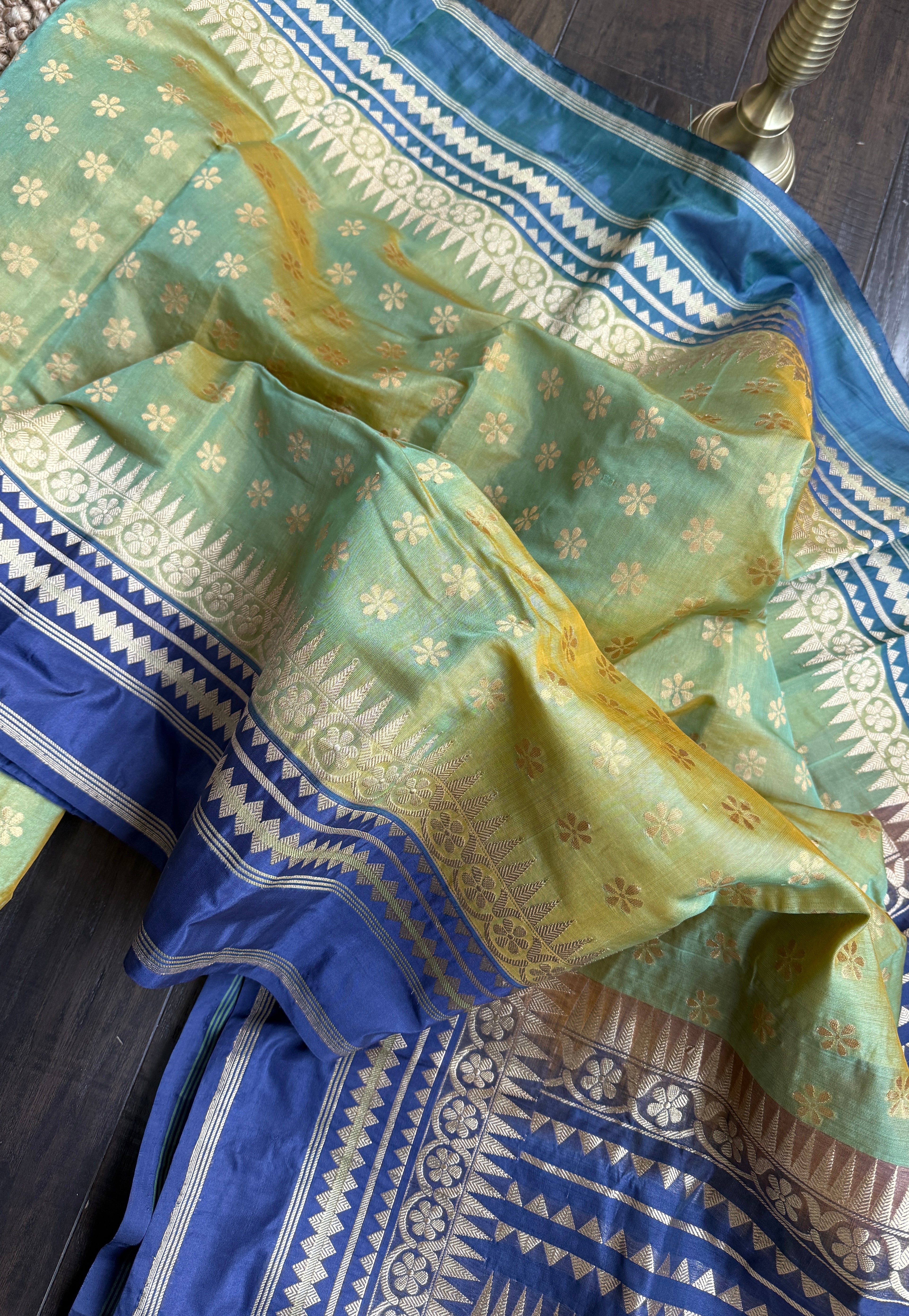 Organza Katan Silk Banarasi -  Pista Green Blue Kadwa
