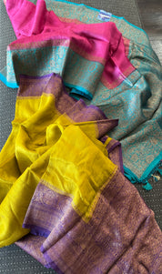 Tussar Silk Banarasi - Lemon Ochre Purple Antique Zari