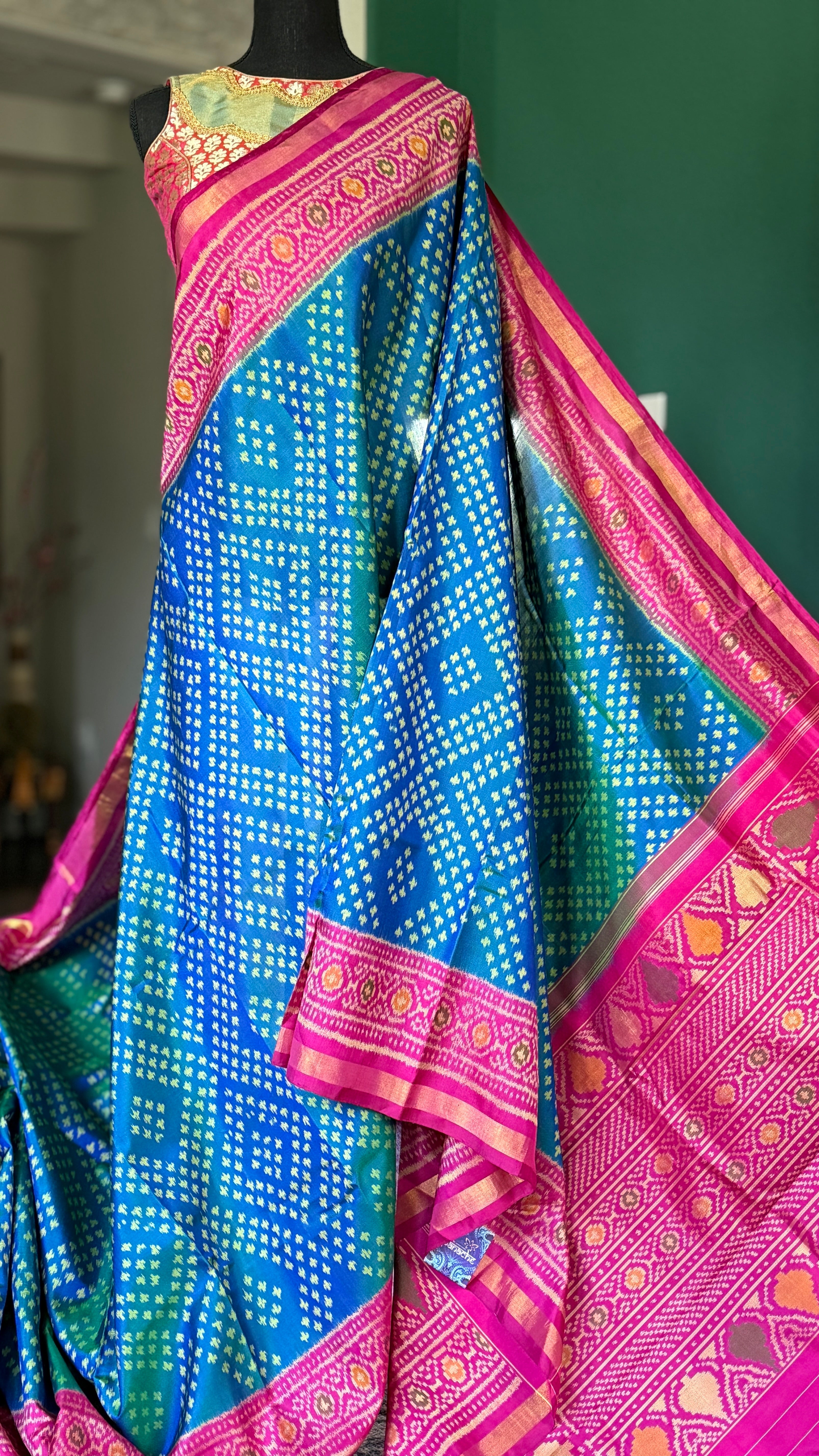Pure Silk Ikat -  Firozi Sea Green Magenta