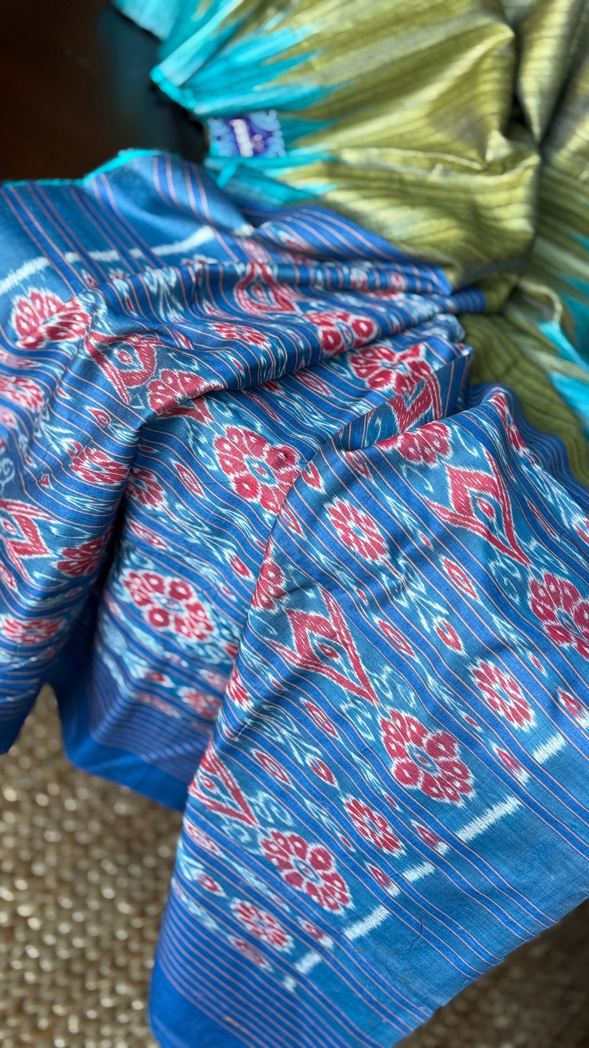 Gopalpur Tussar Silk Ikat - Henna green Blue