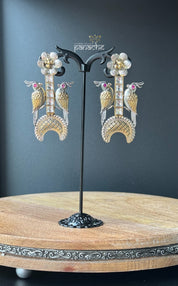 Artisan Earring 925 Silver- Long Kundan bird