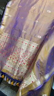 Pure Katan Silk Banarasi - Brown Purple Dual Shaded