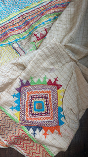 Pure Tussar Silk Lambani - Beige Zari Checks Hand Embroidered