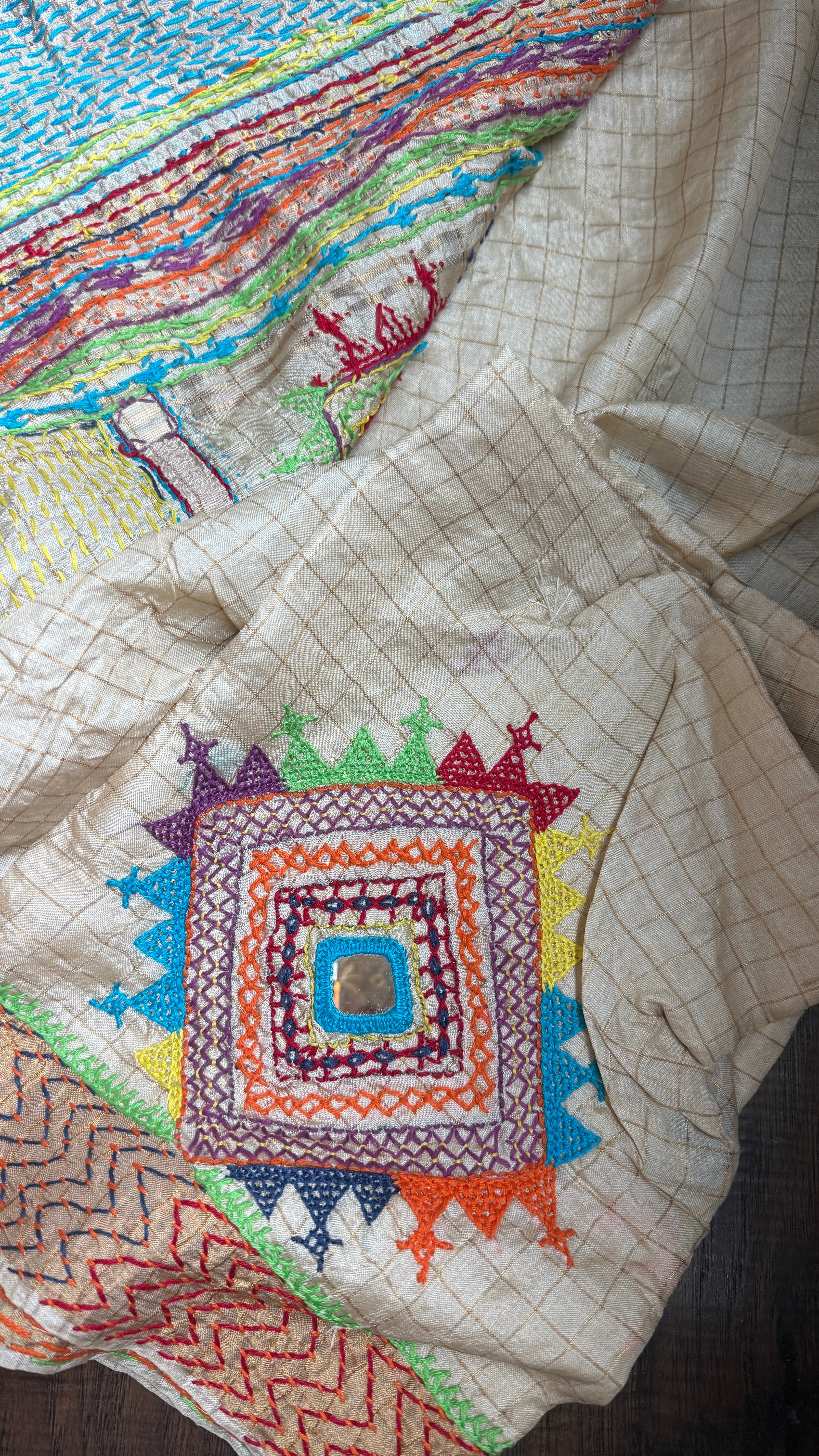 Pure Tussar Silk Lambani - Beige Zari Checks Hand Embroidered