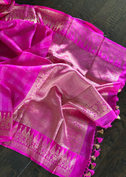Pure Katan Silk Banarasi - Pink Checkered
