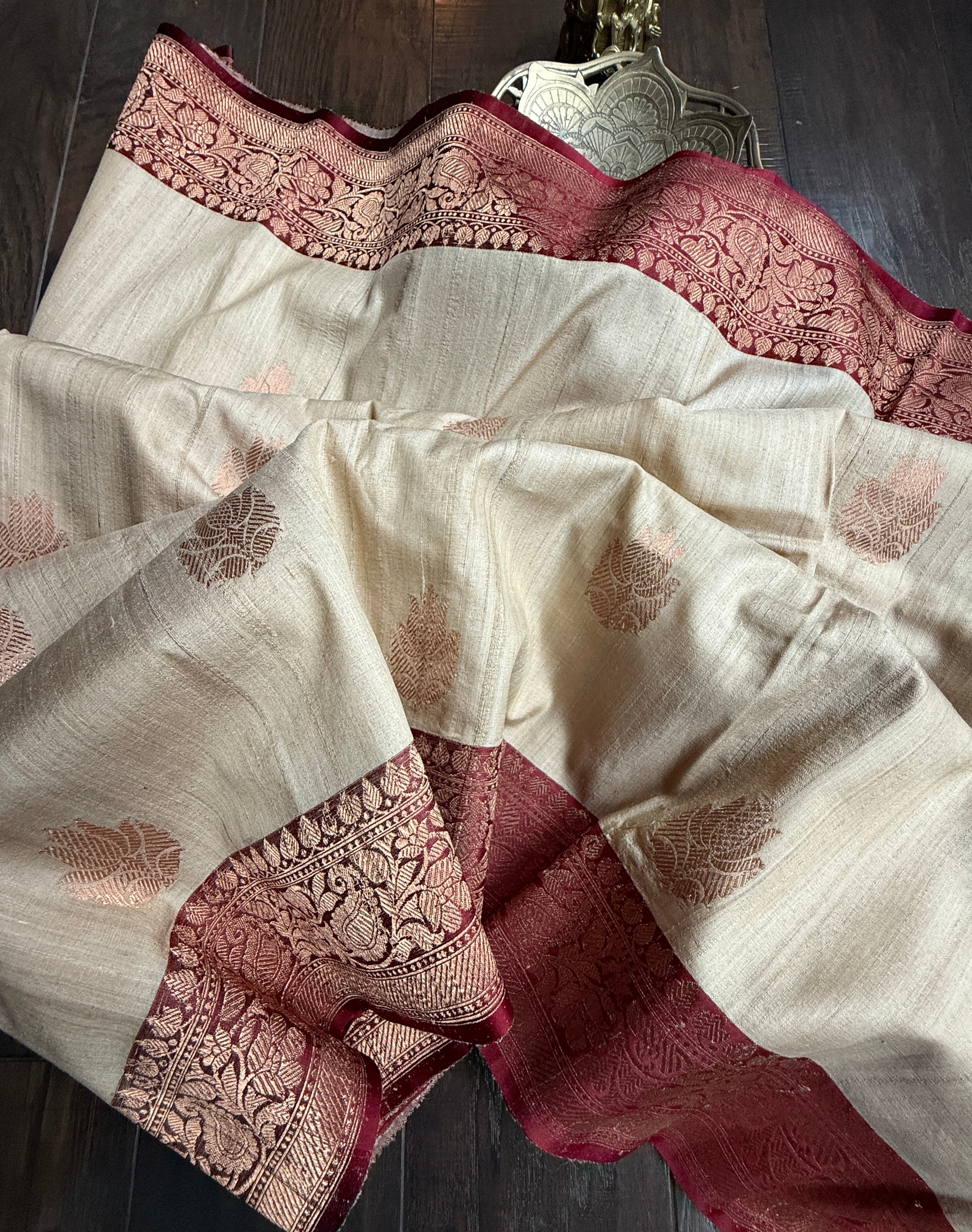 Pure Tussar Silk Banarasi - Beige Maroon