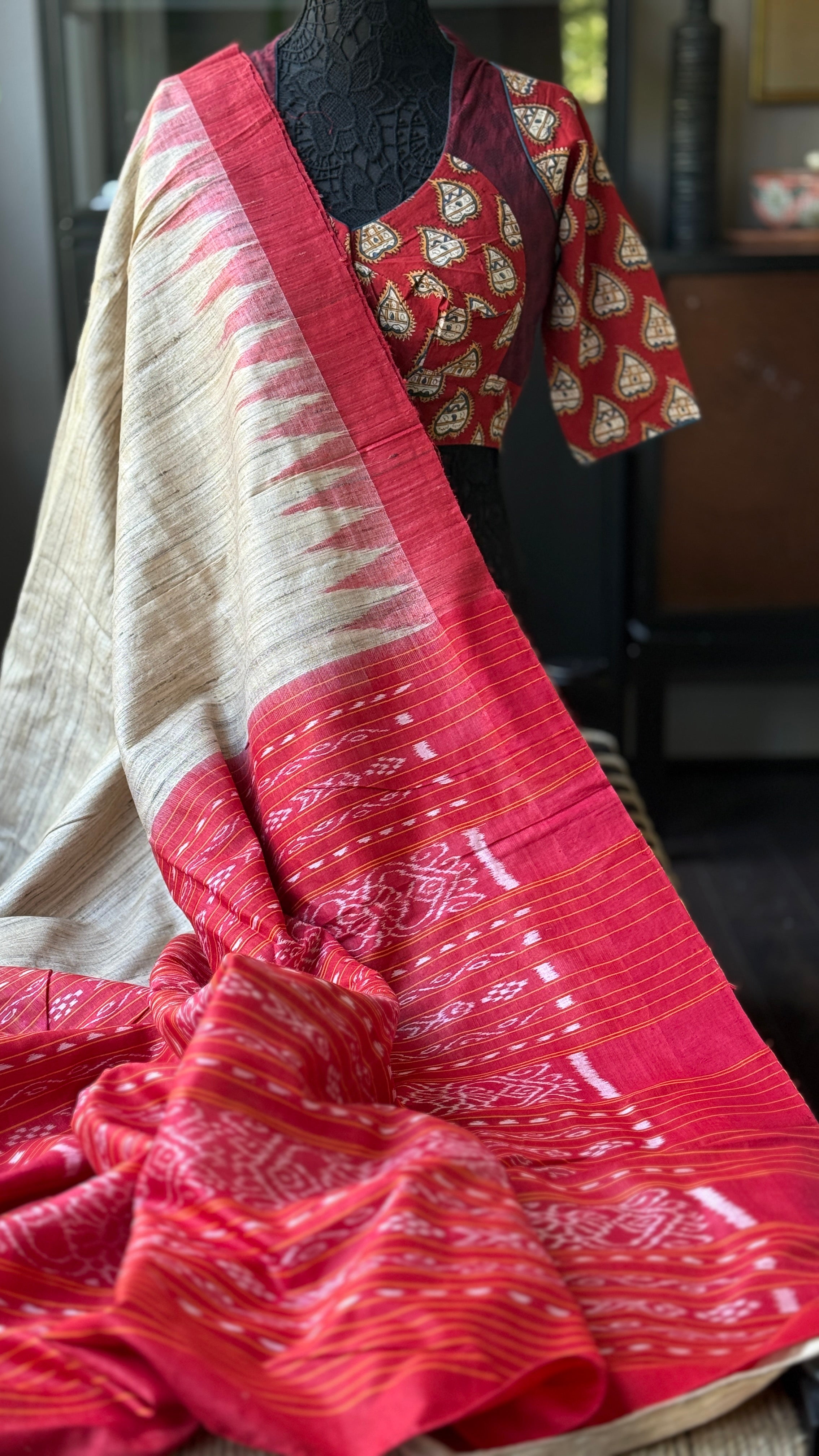 Gopalpur Tussar Silk Ikat - Beige Red