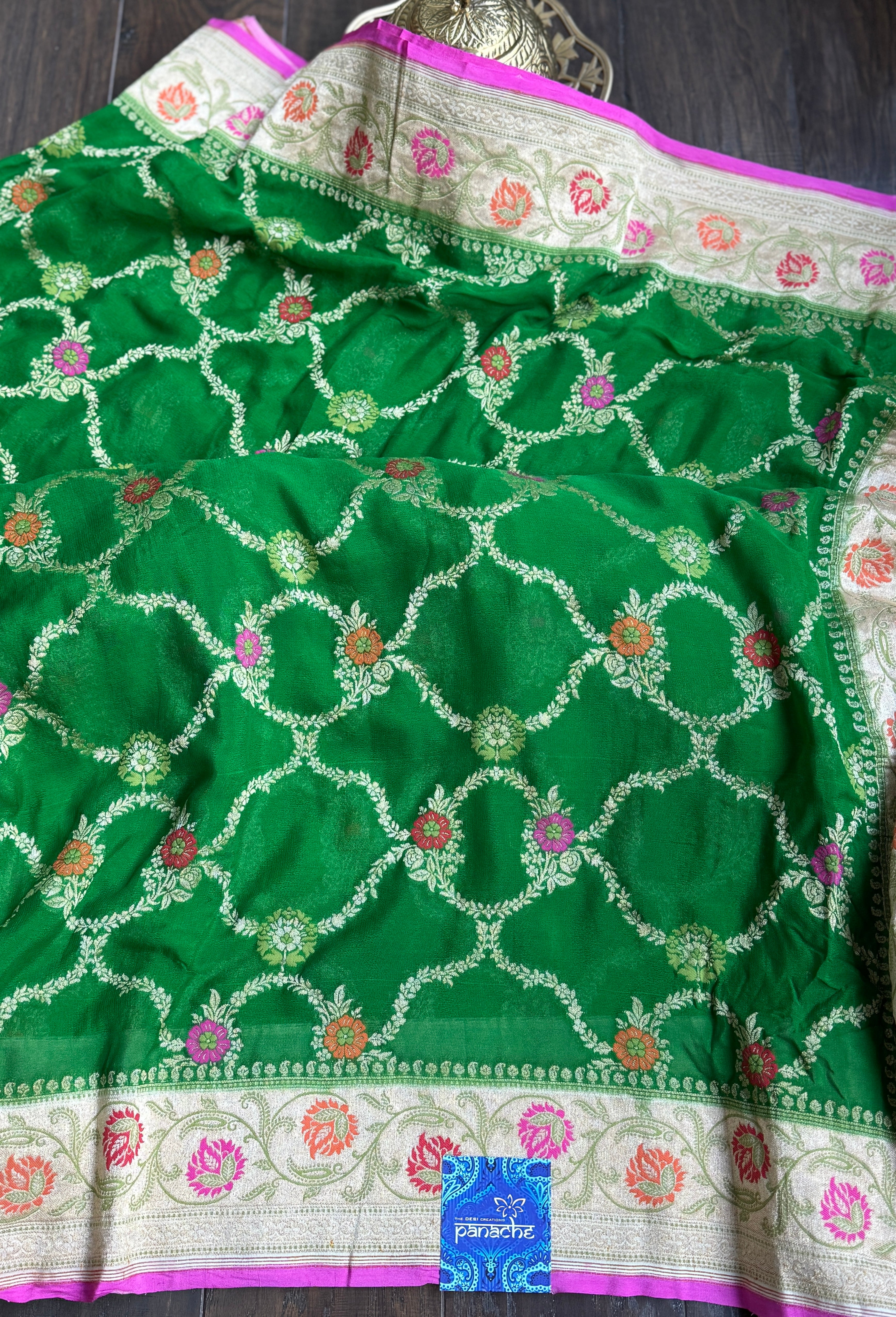 Khaddi Georgette Paithani Banarasi - Green Cream Meenakari
