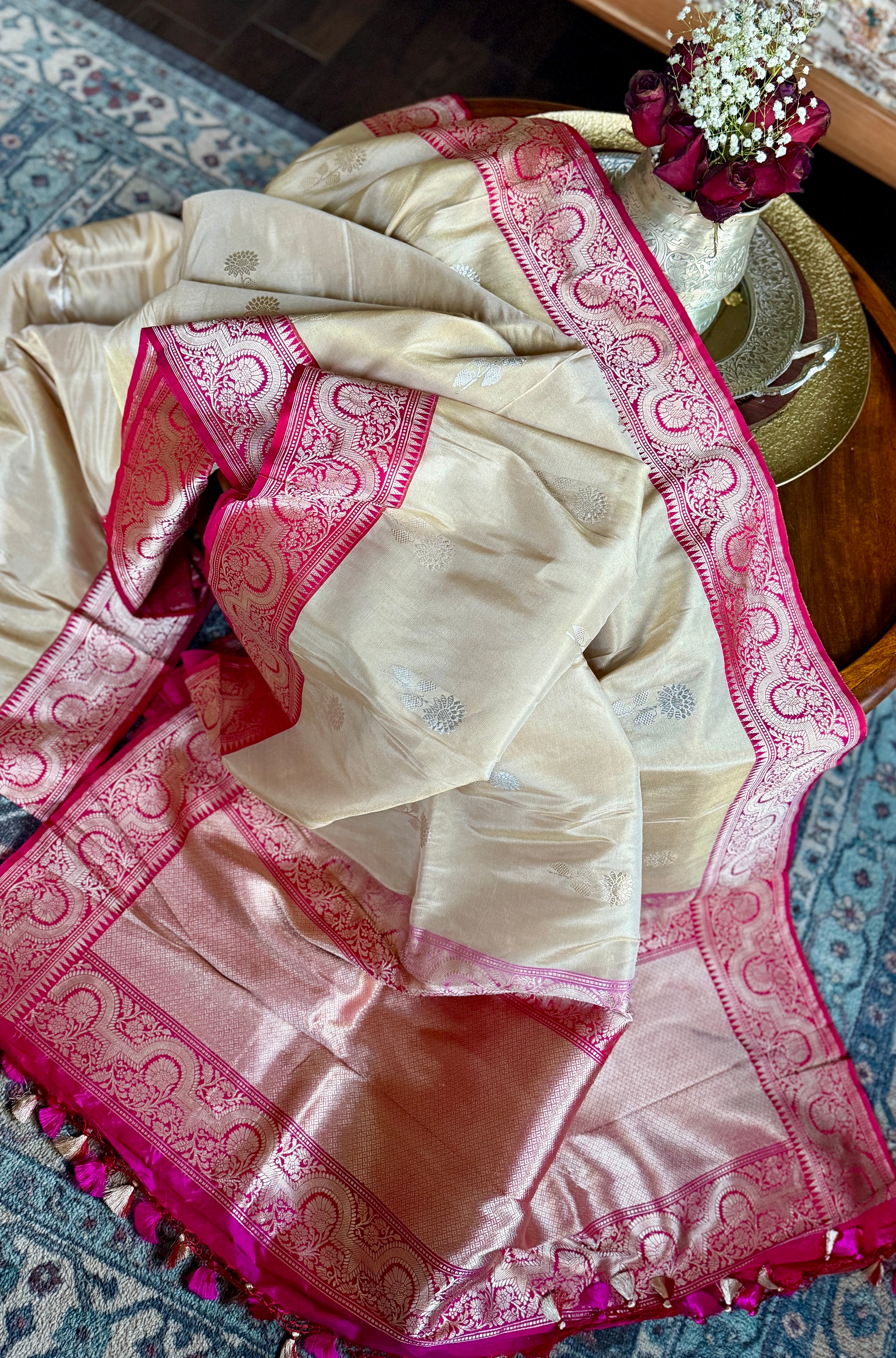 Pure Tissue Katan Silk Banarasi - Golden Beige Magenta
