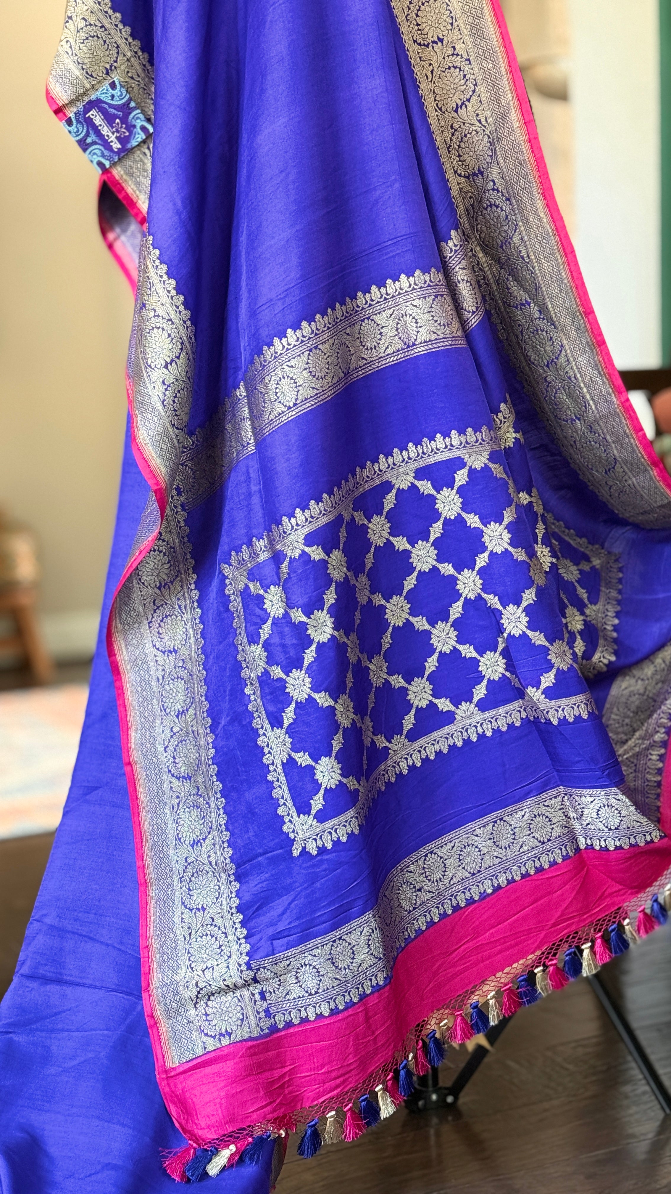 Pure Silk Mashru Banarasi- Purplish Blue Magenta