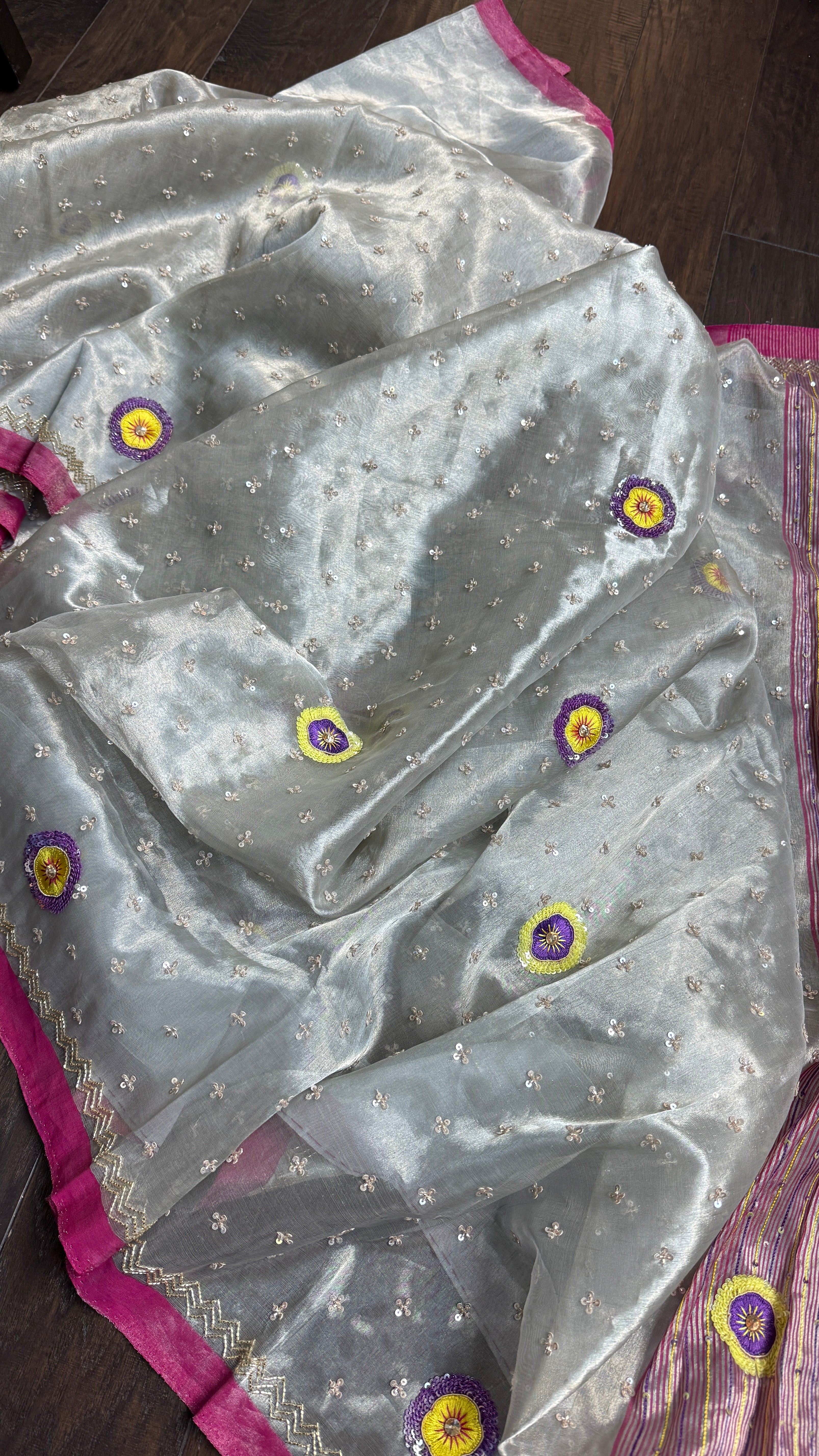 Hand Zardozi Pure Chanderi Tissue Silk - Silver Pink Woven