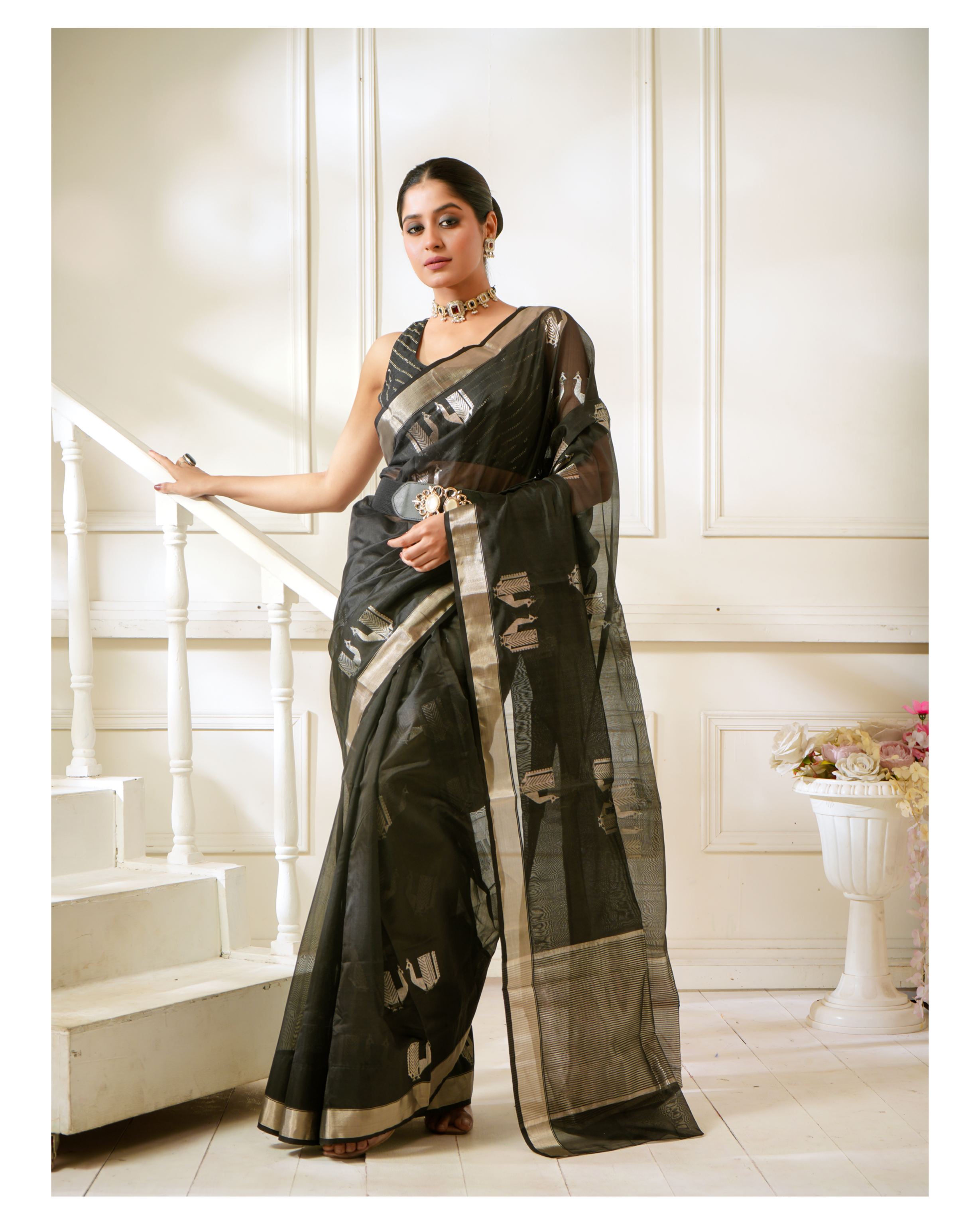 Pure Chanderi Pattu Silk - Black Silver Peacock
