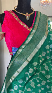 Pure Chanderi Silk - Green Silver Zari