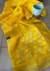 Dhakai Jamdani  - Yellow Silver Zari  Woven