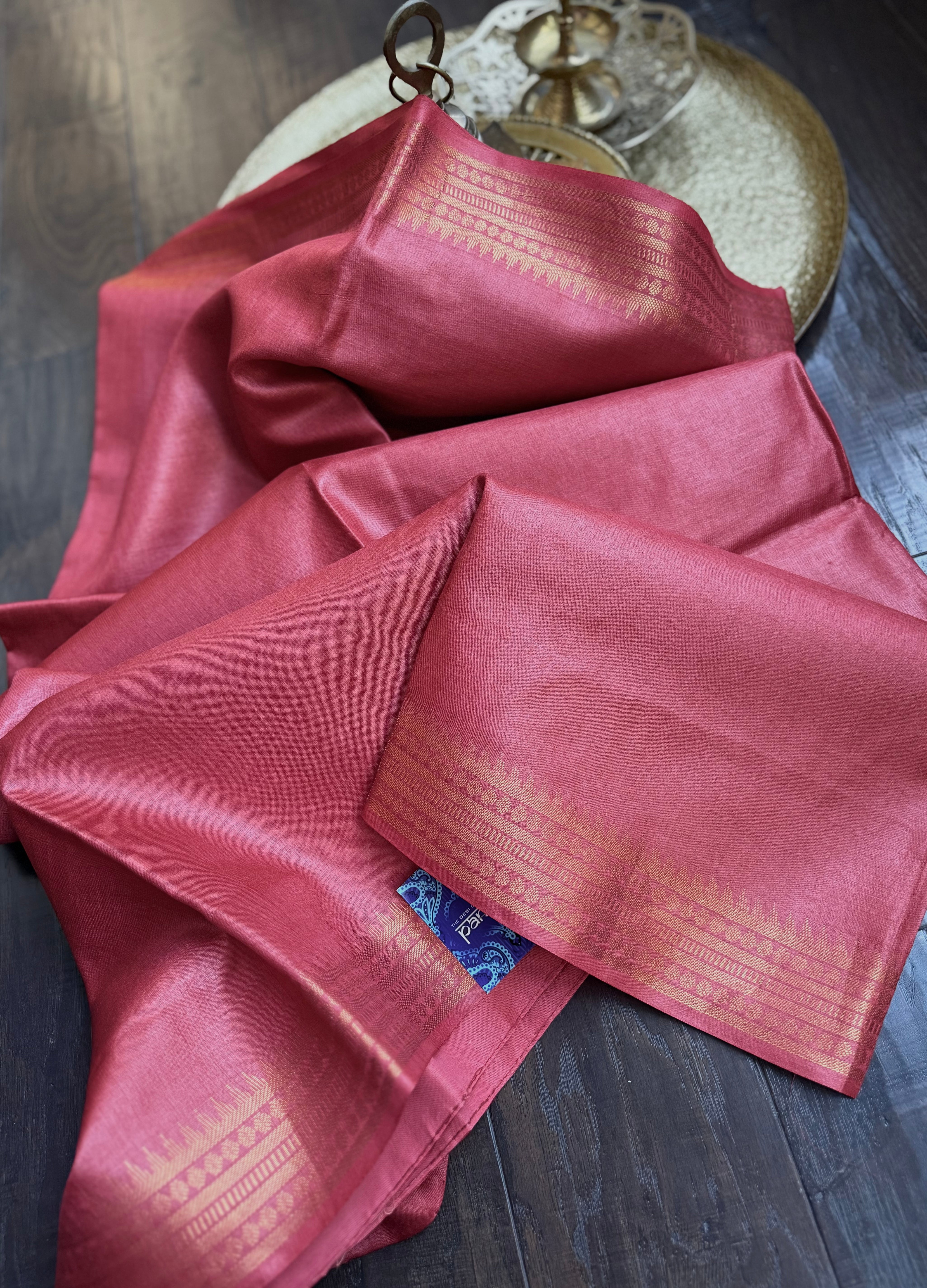 Handwoven Tussar Silk - Red Golden Zari