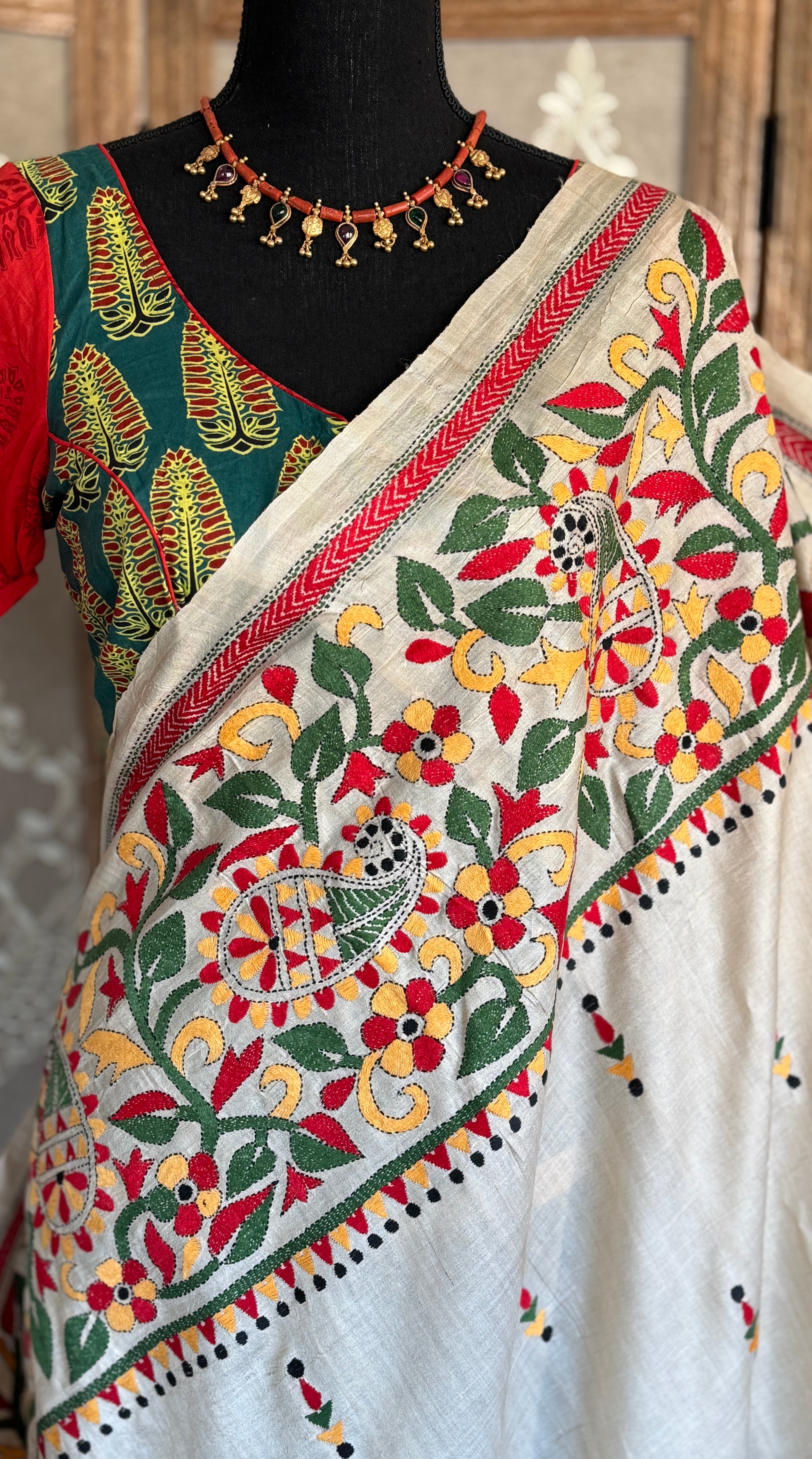 Pure Tussar Silk Kantha Stitch -  Beige Multi color