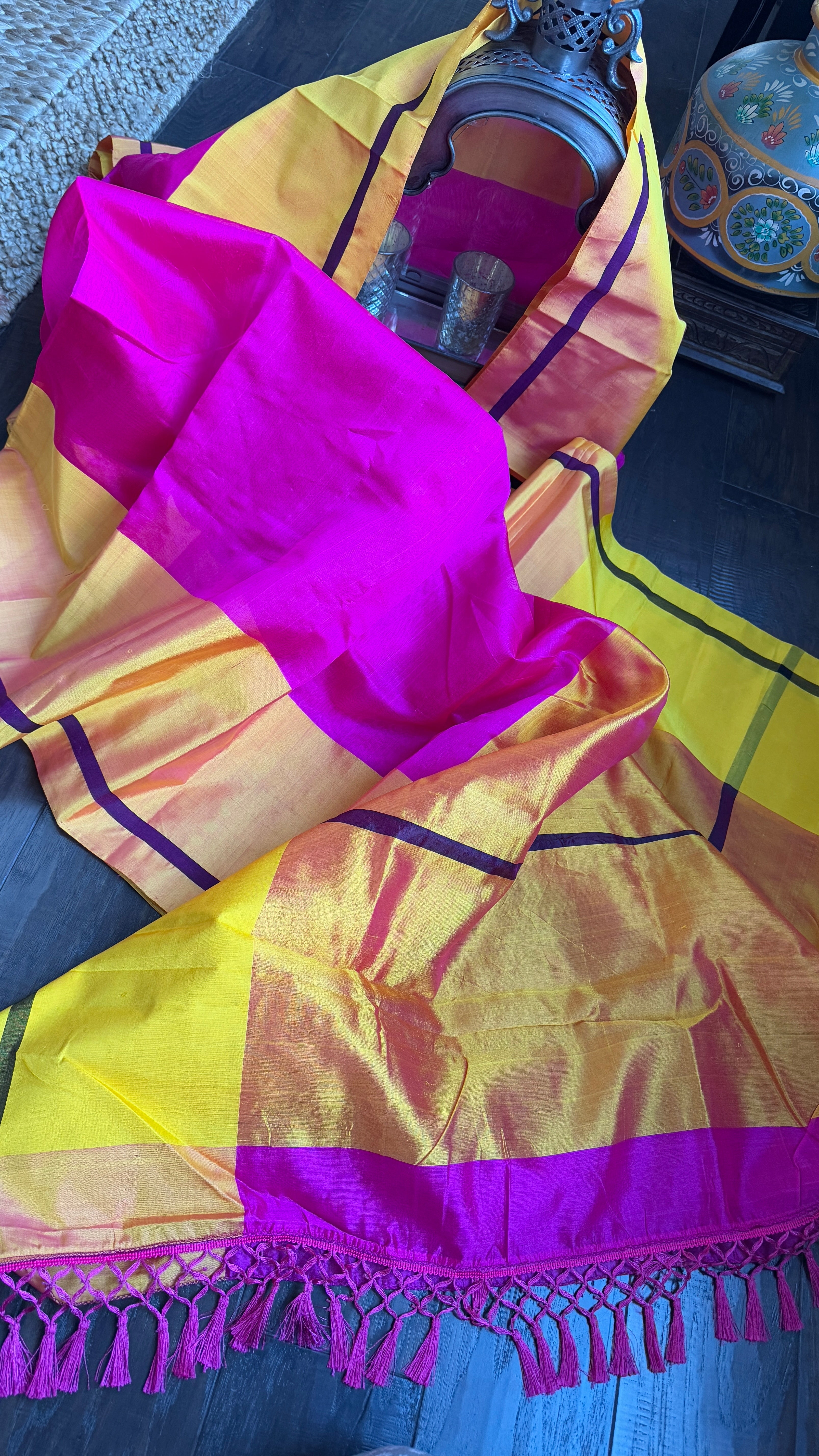 Pure Chanderi Pattu Silk - Hot Pink Yellow