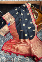 Pure Tussar Silk Banarasi - Black Red