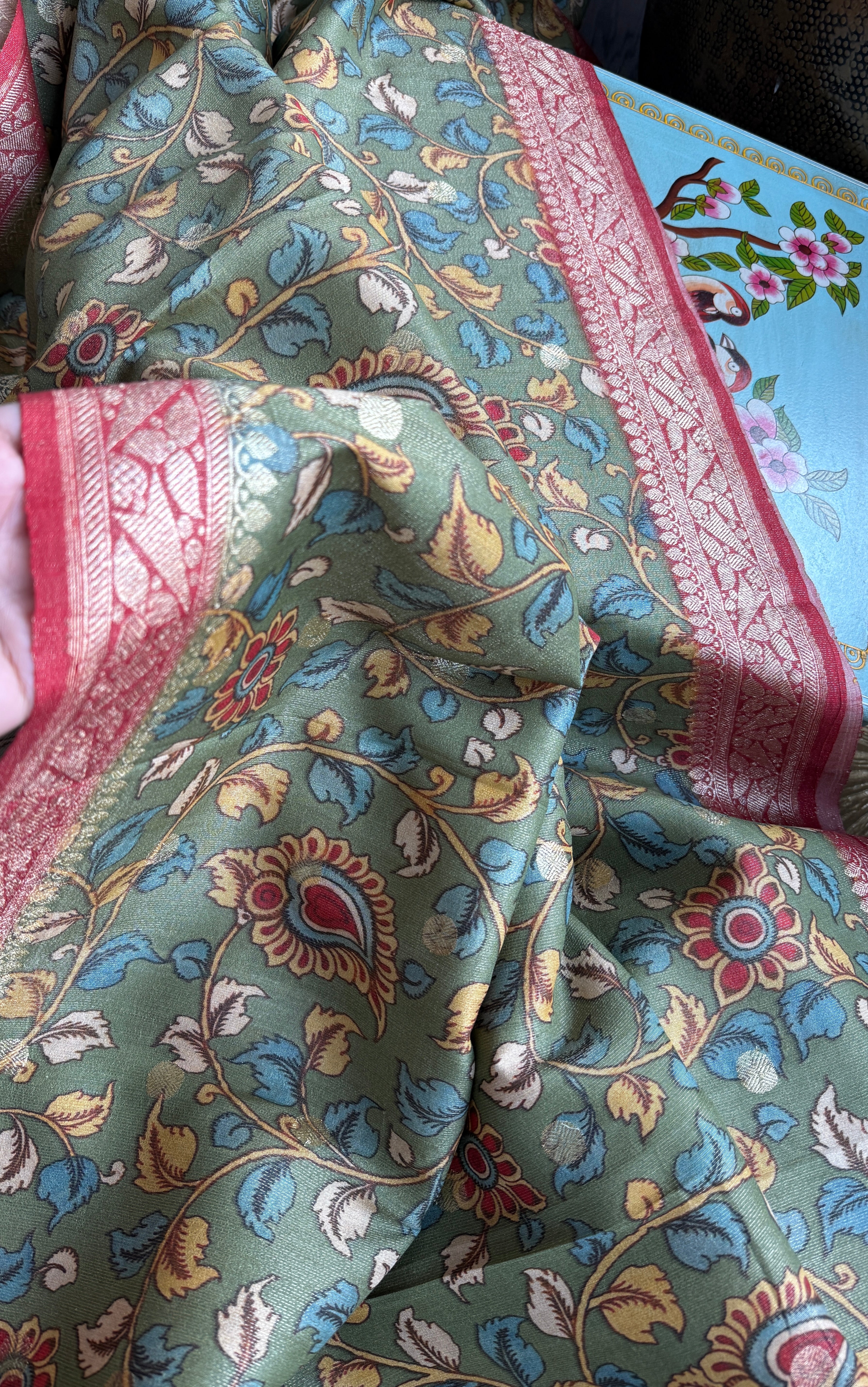 Tussar Silk Kalamkari Banarasi- Green Red