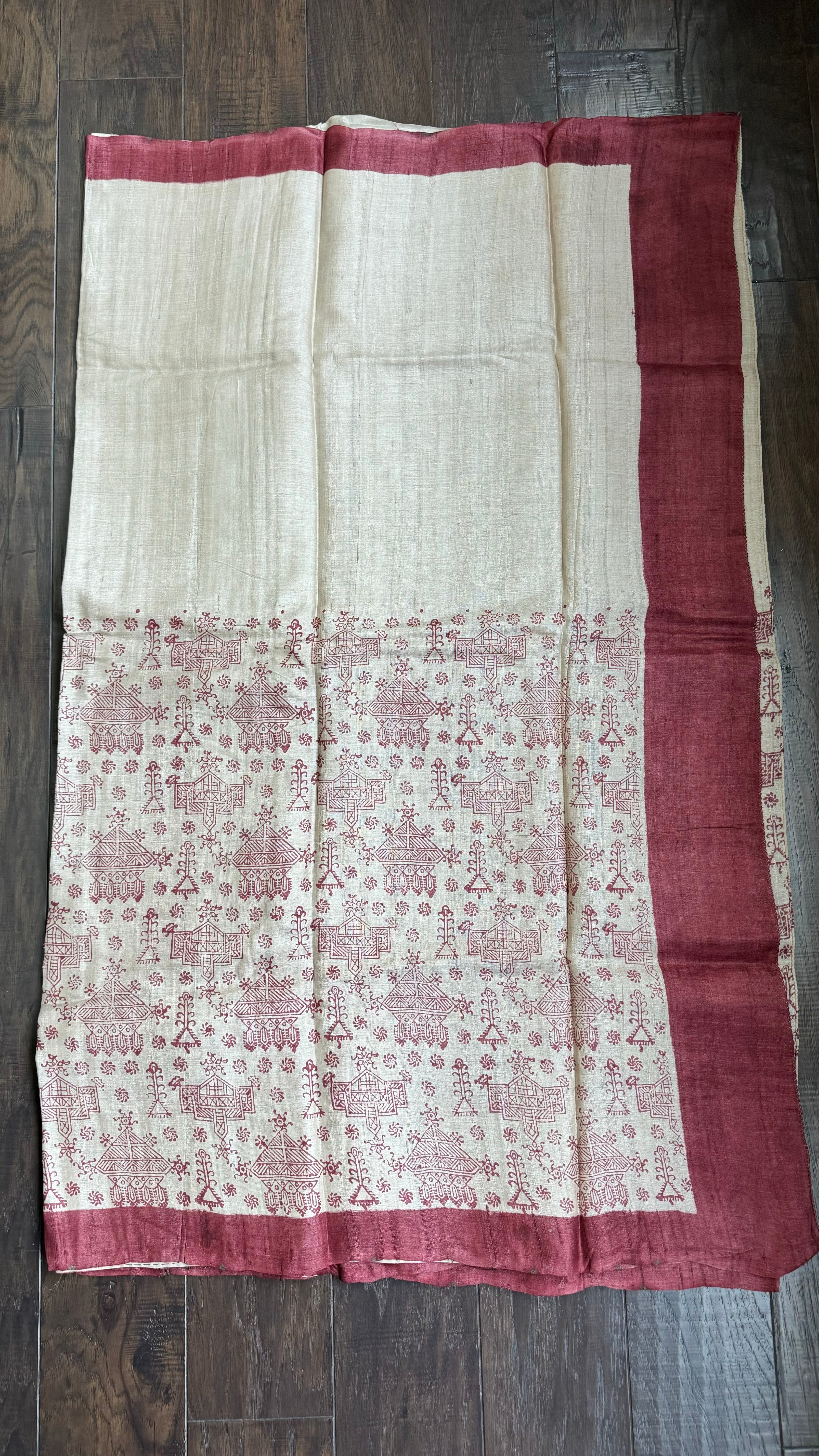 Pure Gachi Tussar Silk - Beige Maroon Hand-Block Printed