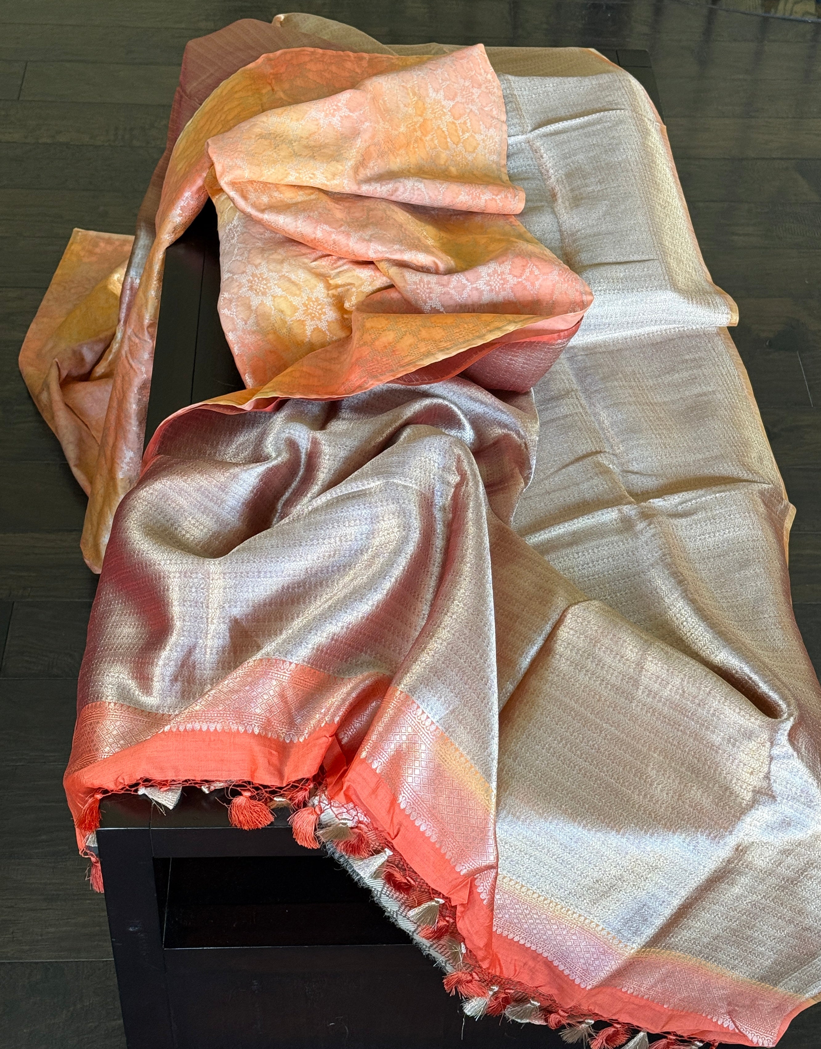 Designer Soft Silk Brocade Banarasi - Peach Pink Golden Tie-Dye