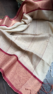 Pure Tussar Silk Handwoven - Tussar Beige Dark Maroon