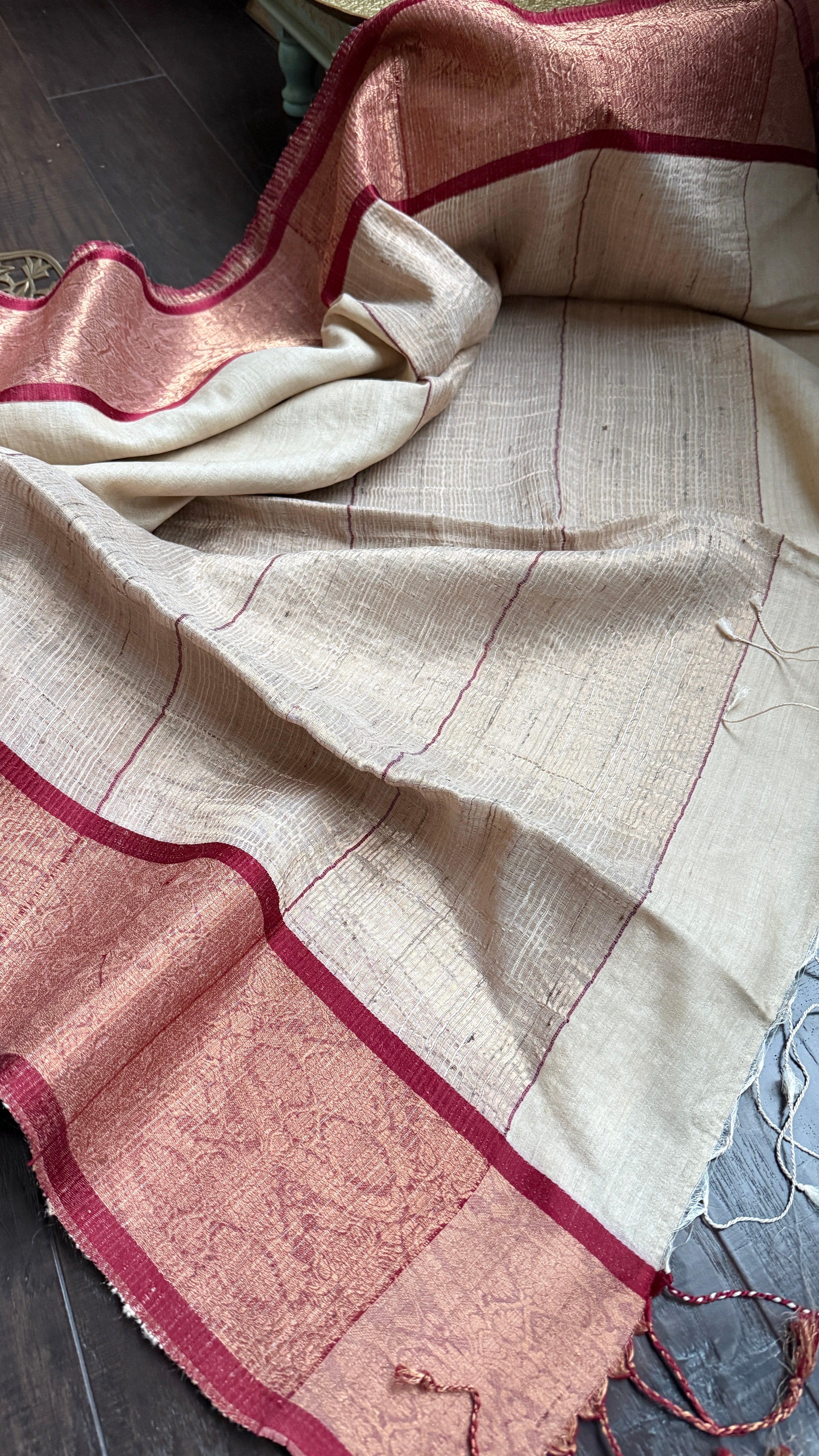 Pure Tussar Silk Handwoven - Tussar Beige Dark Maroon