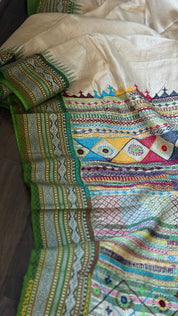 Pure Vidarbha Tussar Lambani - Beige Hand Embroidered