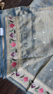 Designer Tissue Silk Paithani - Mettalic Grey Blue Embroidered