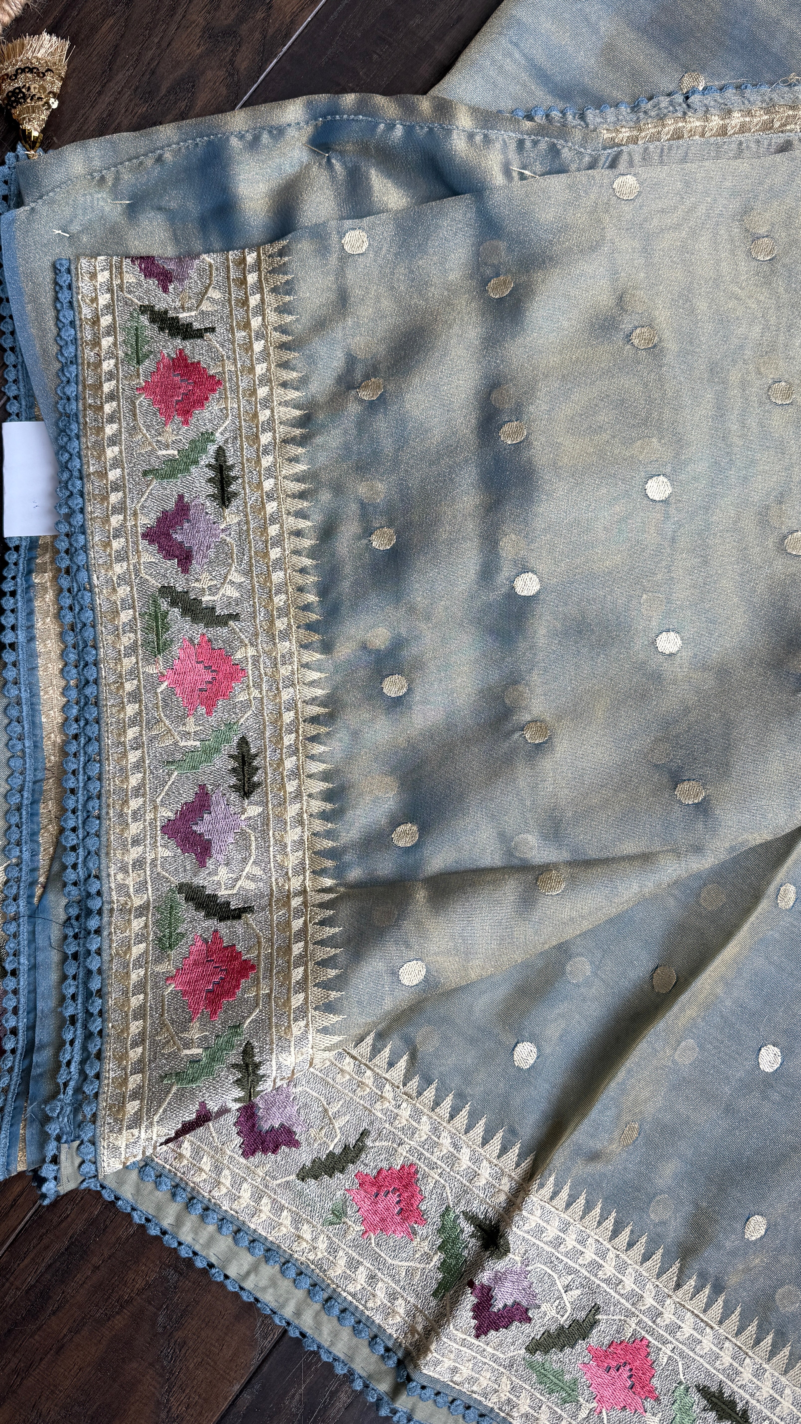 Designer Tissue Silk Paithani - Mettalic Grey Blue Embroidered