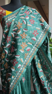Pure Tussar Silk Kantha Stitch -  Dark Green Multi Color