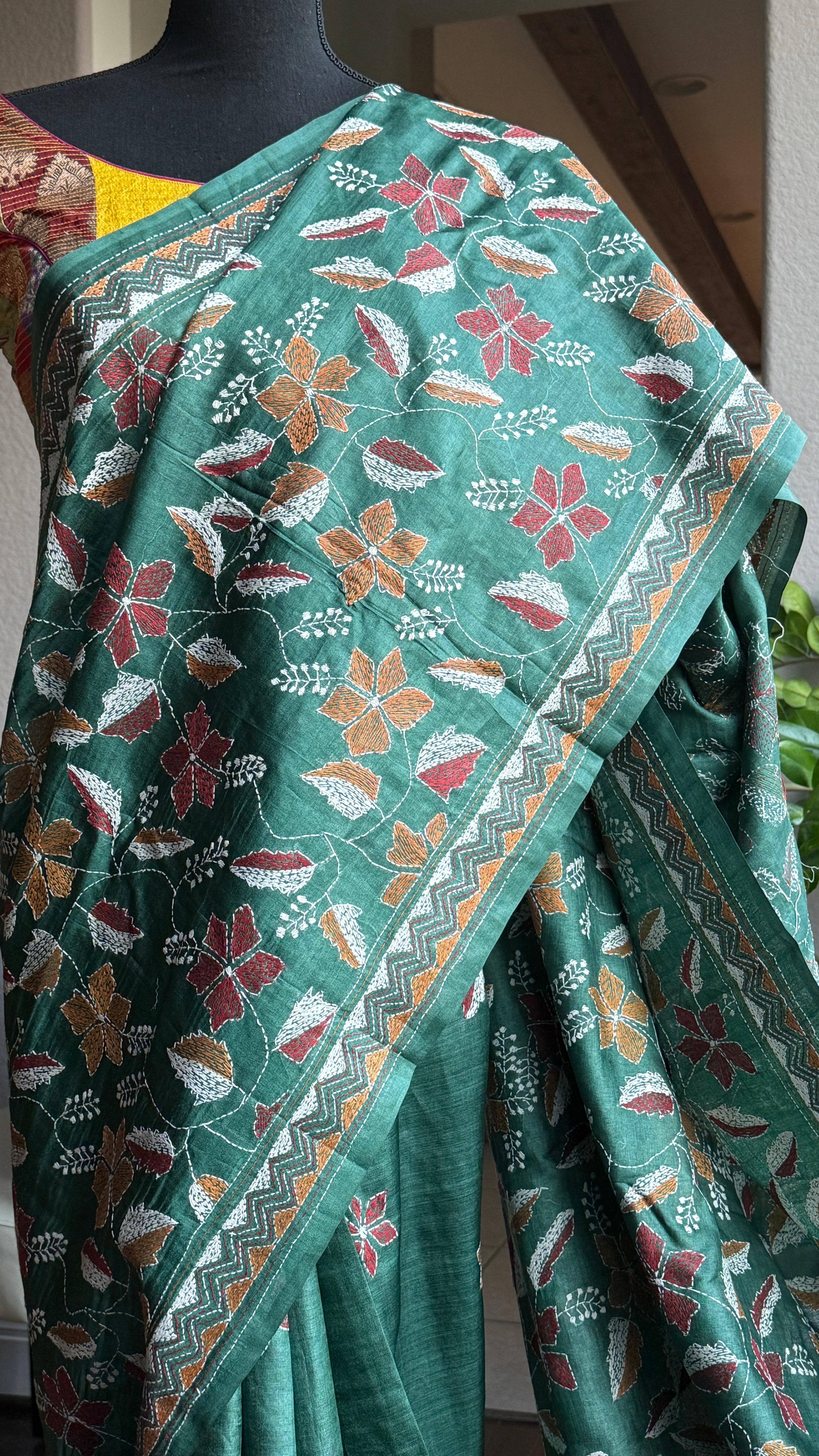 Pure Tussar Silk Kantha Stitch -  Dark Green Multi Color